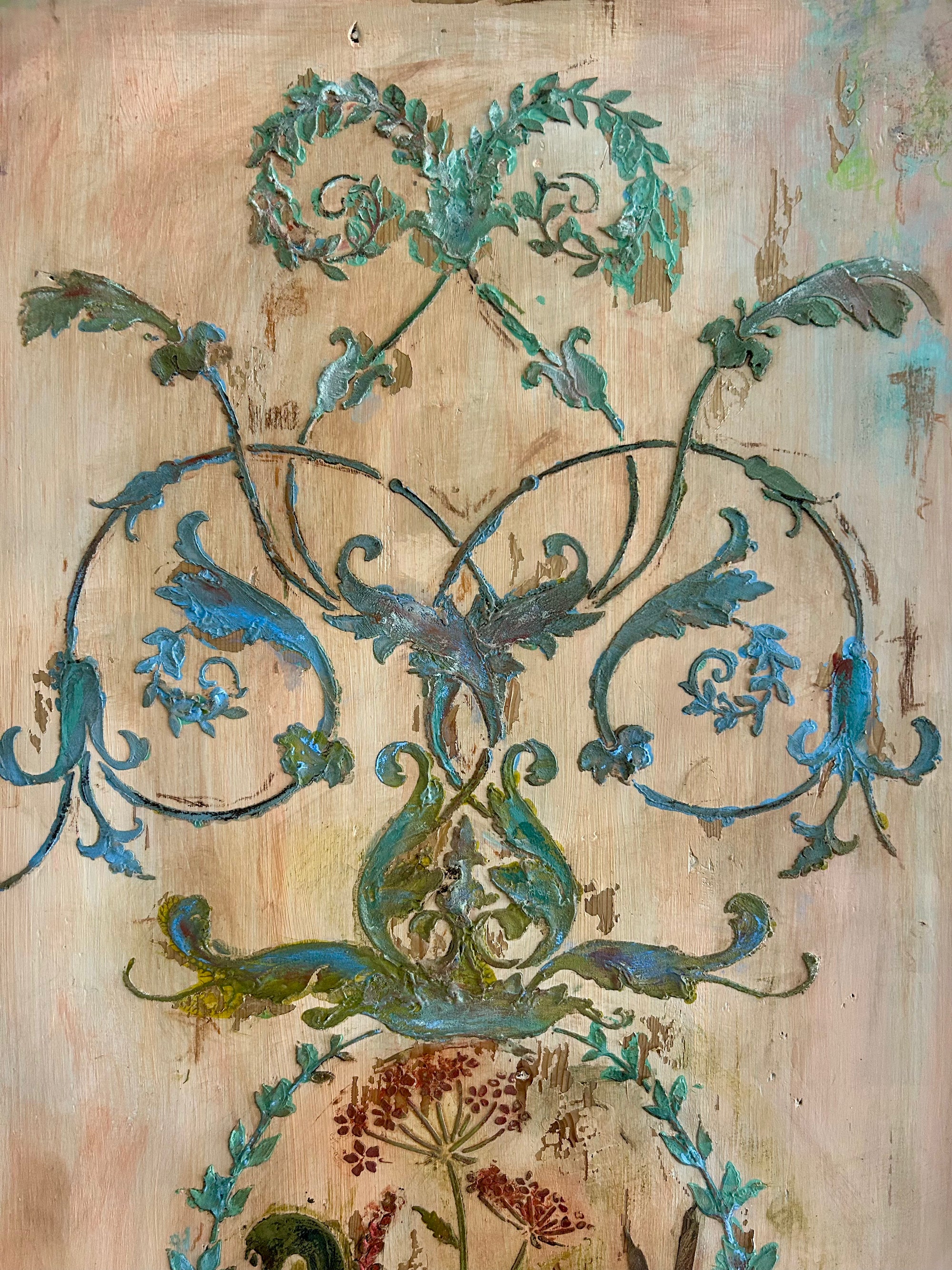 Vintage Painted Pine Armoire with Inlaid Back Swan Chinoiserie