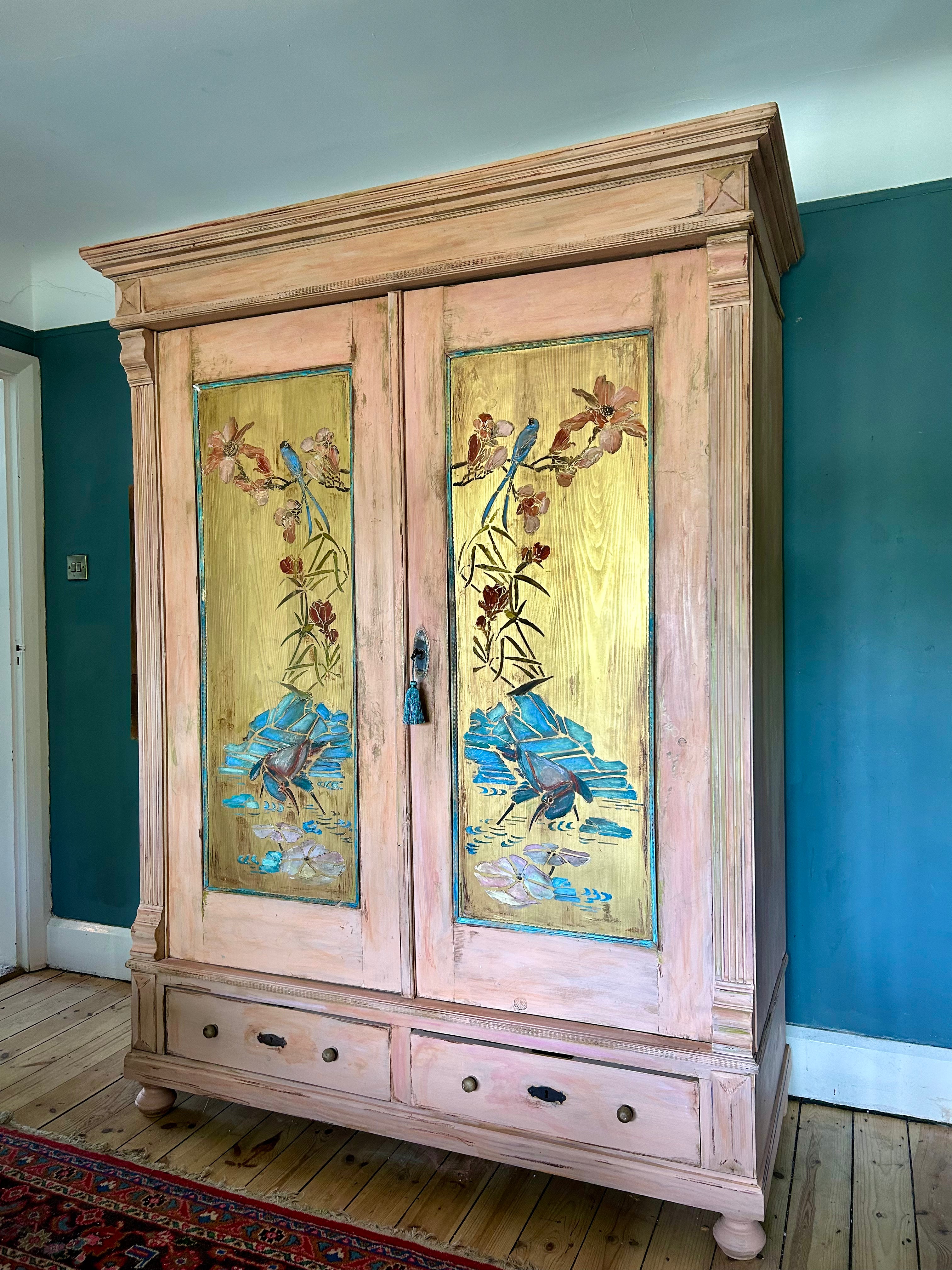 Vintage Painted Pine Double Wardrobe with Inlaid Chinoiserie Panels