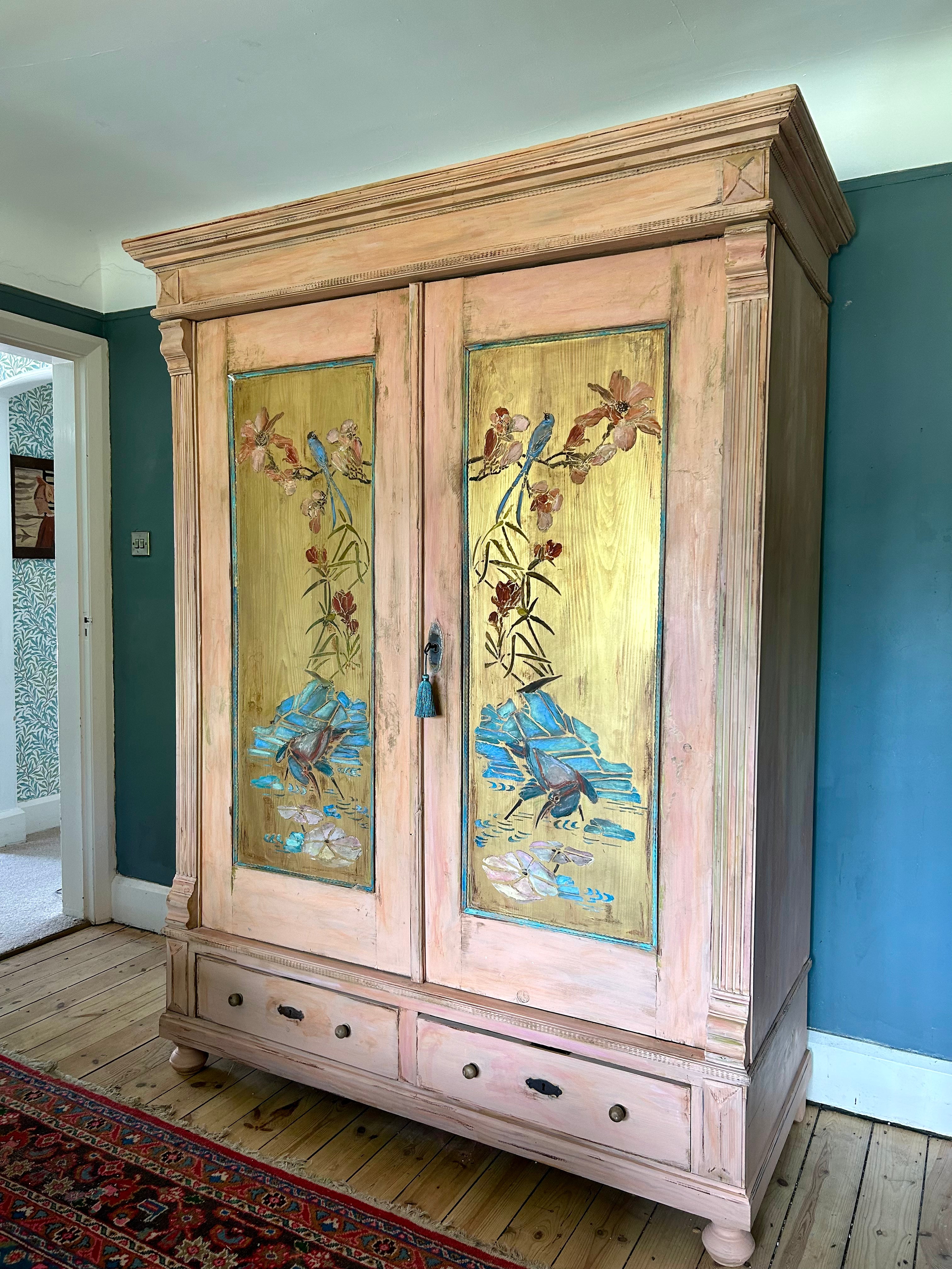 Vintage Painted Pine Double Wardrobe with Inlaid Chinoiserie Panels