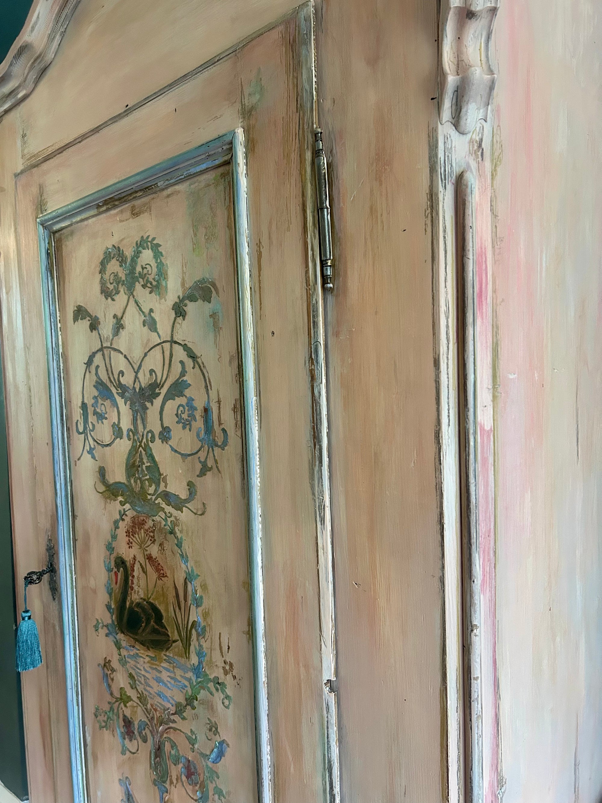 Vintage Painted Pine Armoire with Inlaid Back Swan Chinoiserie