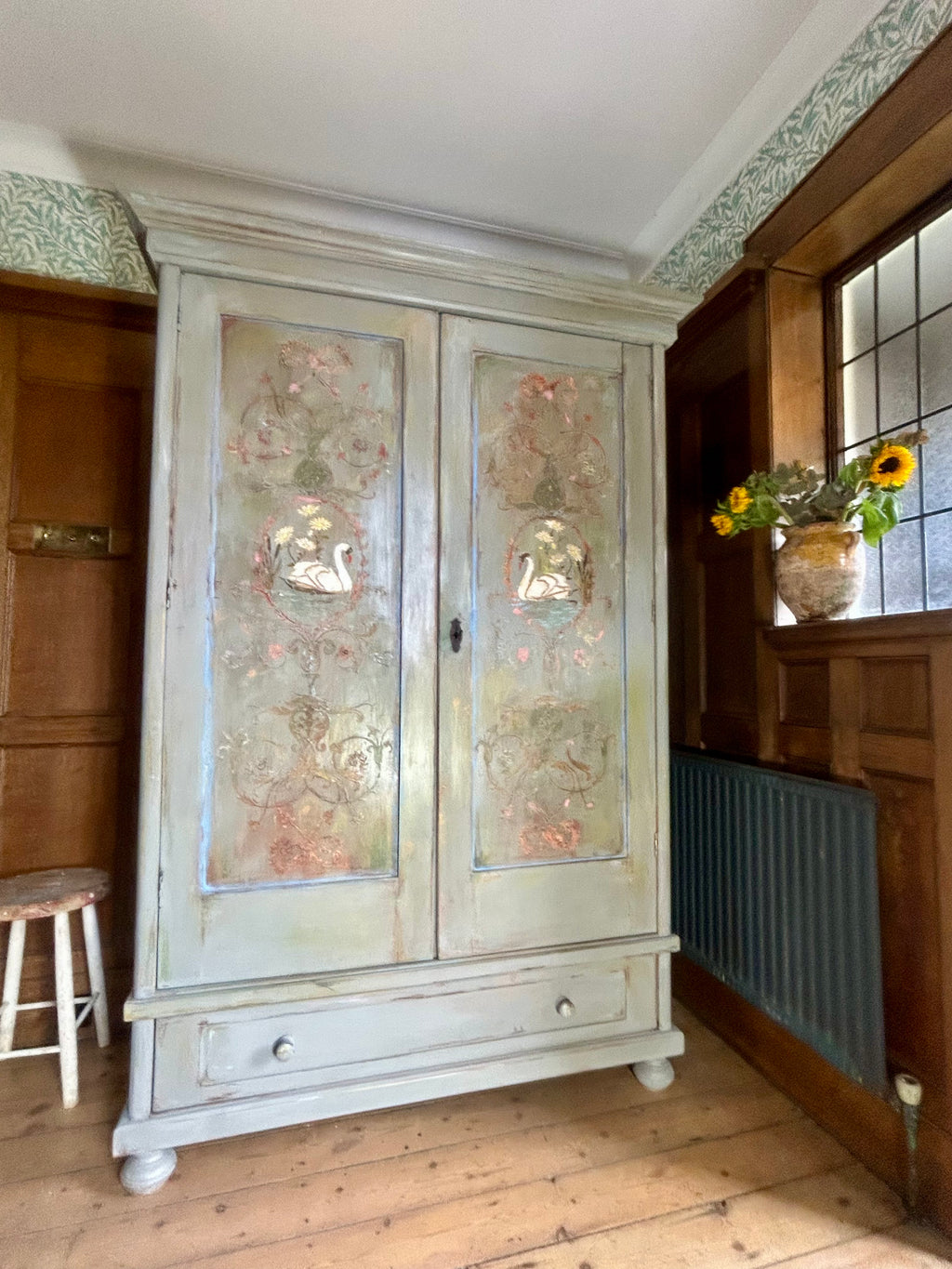 Vintage Painted Wardrobe with Swan Chinoiserie