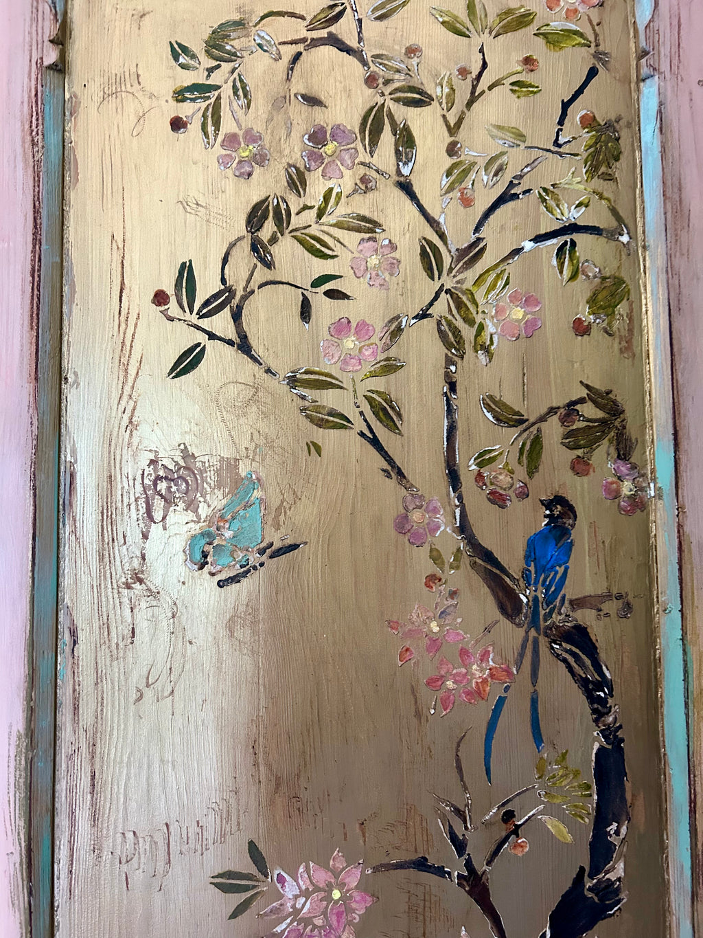 Antique Painted Pine Wardrobe with Chinoiserie Panels
