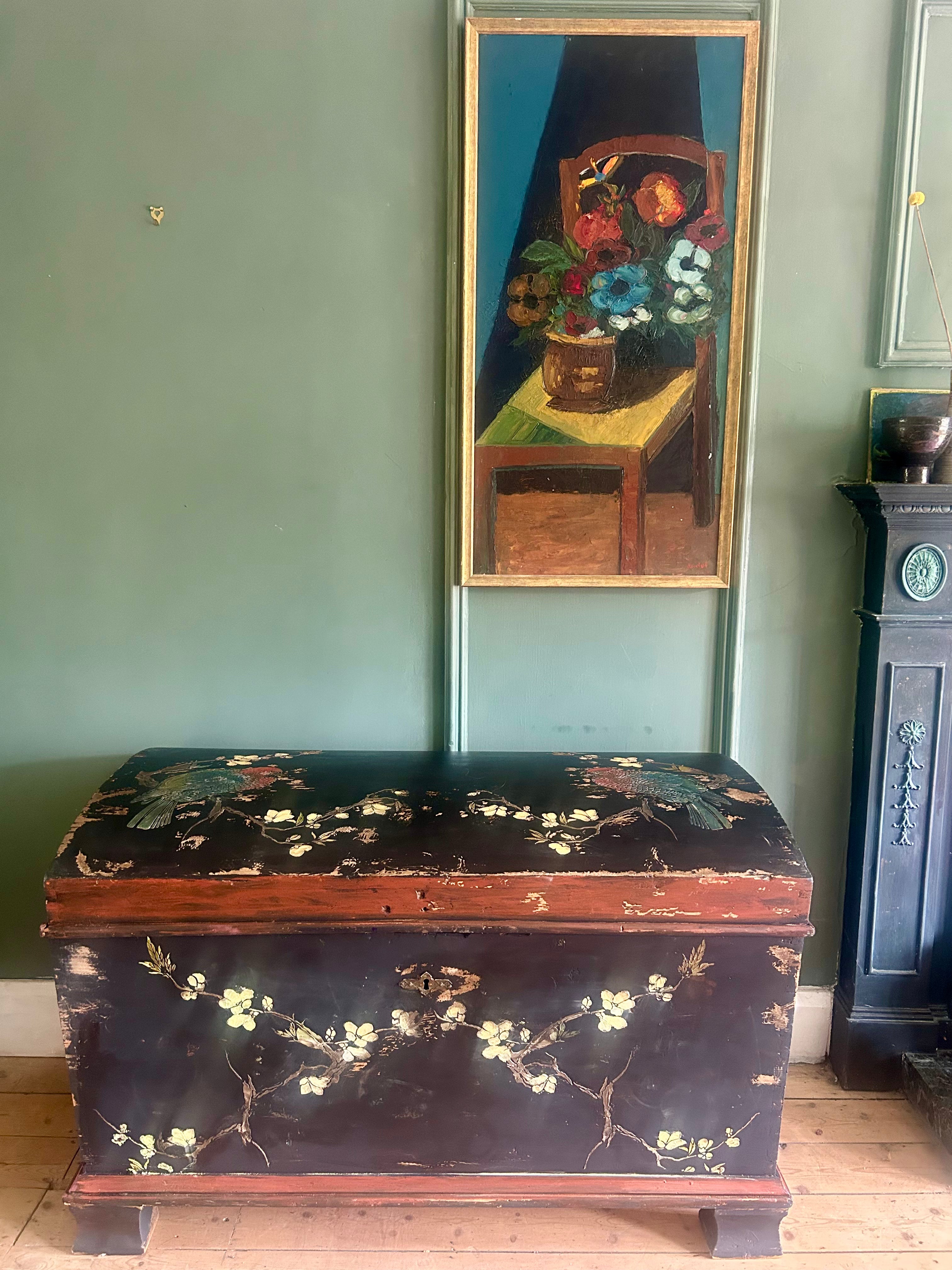 Vintage Painted Large Blanket Box /Chest with Inlaid Chinoiserie