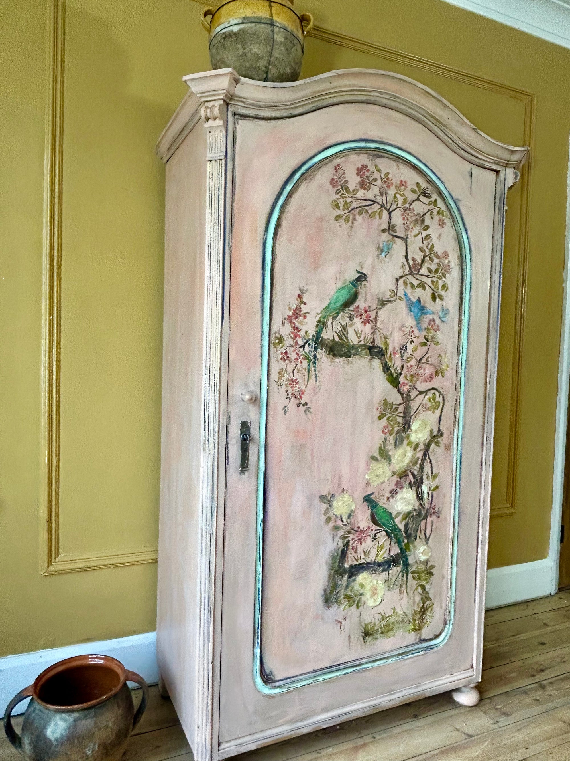 Vintage Painted Pine Armoire with Inlaid Chinoiserie