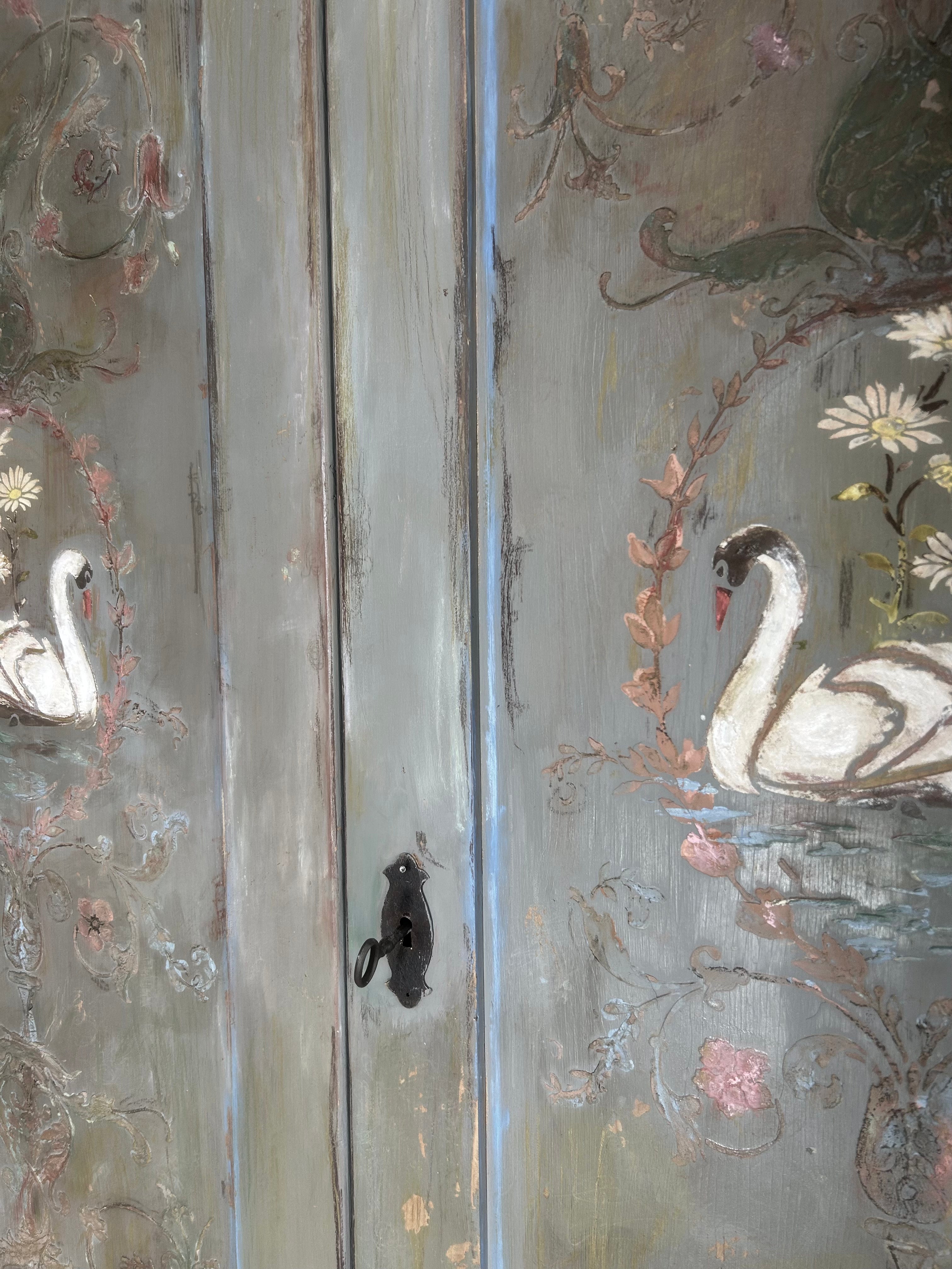 Vintage Painted Wardrobe with Swan Chinoiserie