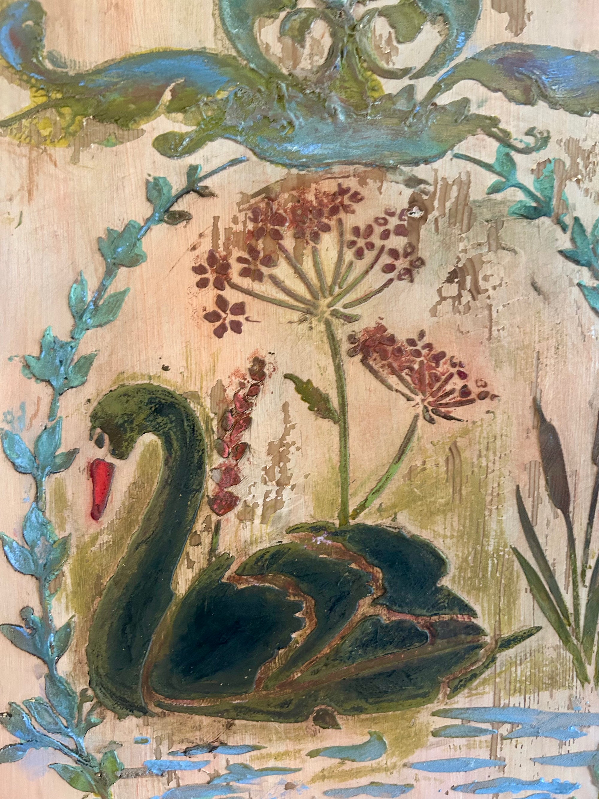 Vintage Painted Pine Armoire with Inlaid Back Swan Chinoiserie