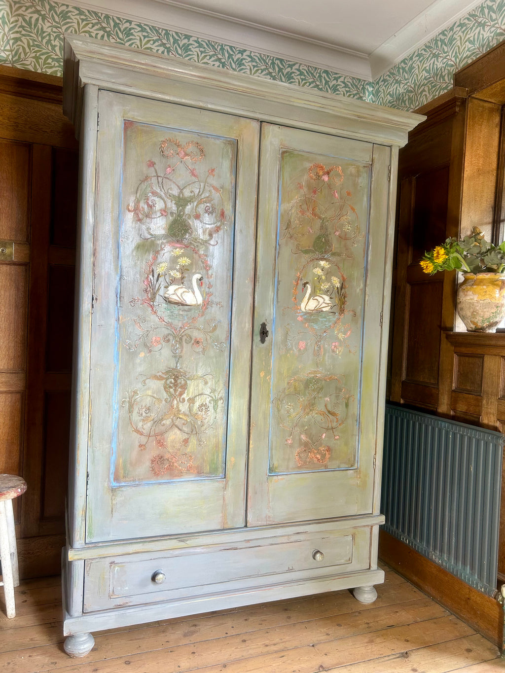 Vintage Painted Wardrobe with Swan Chinoiserie