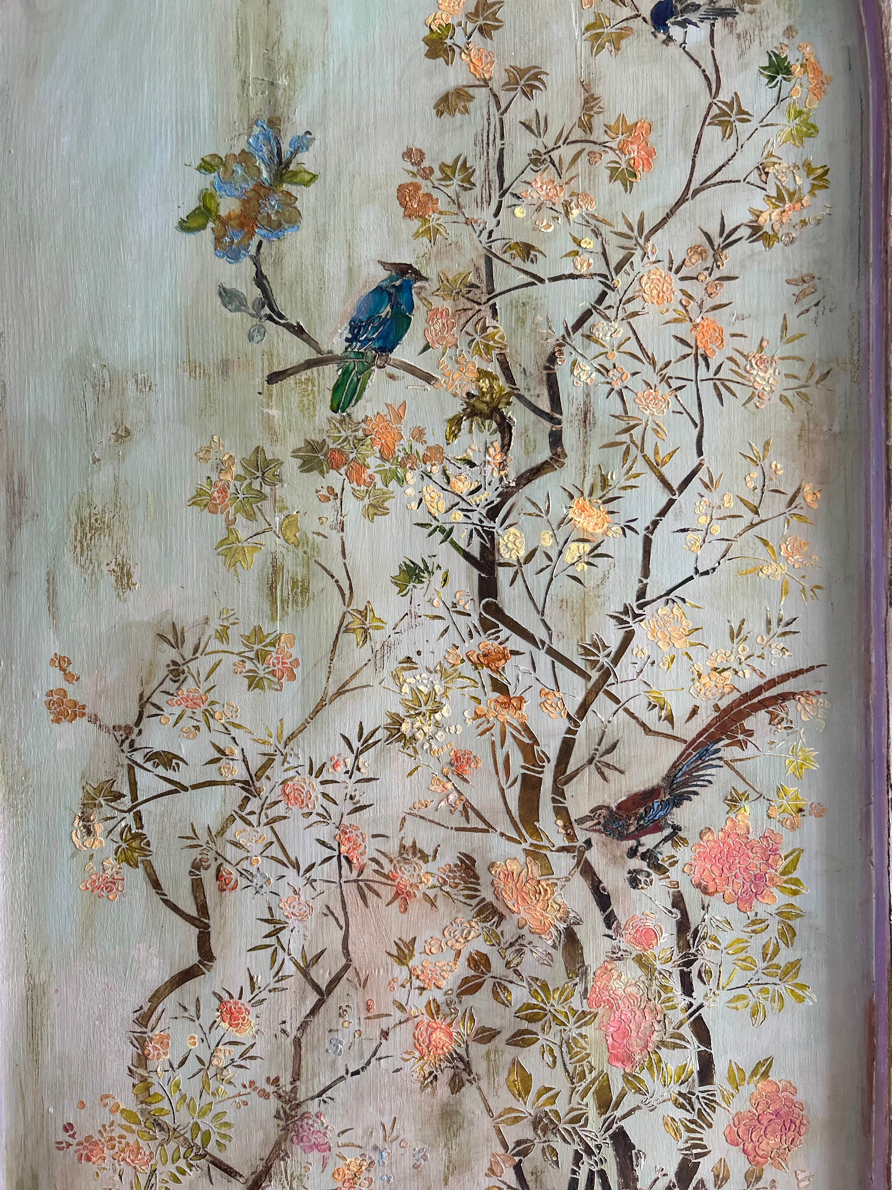 Vintage Painted Linen Press/Armoire with Inlaid Chinoiserie