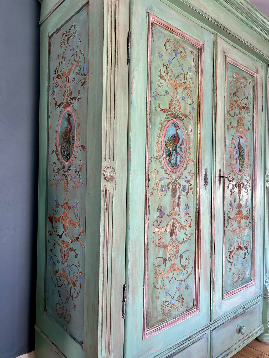 Vintage Painted Pine Double Wardrobe with Inlaid Versailles Style Panels