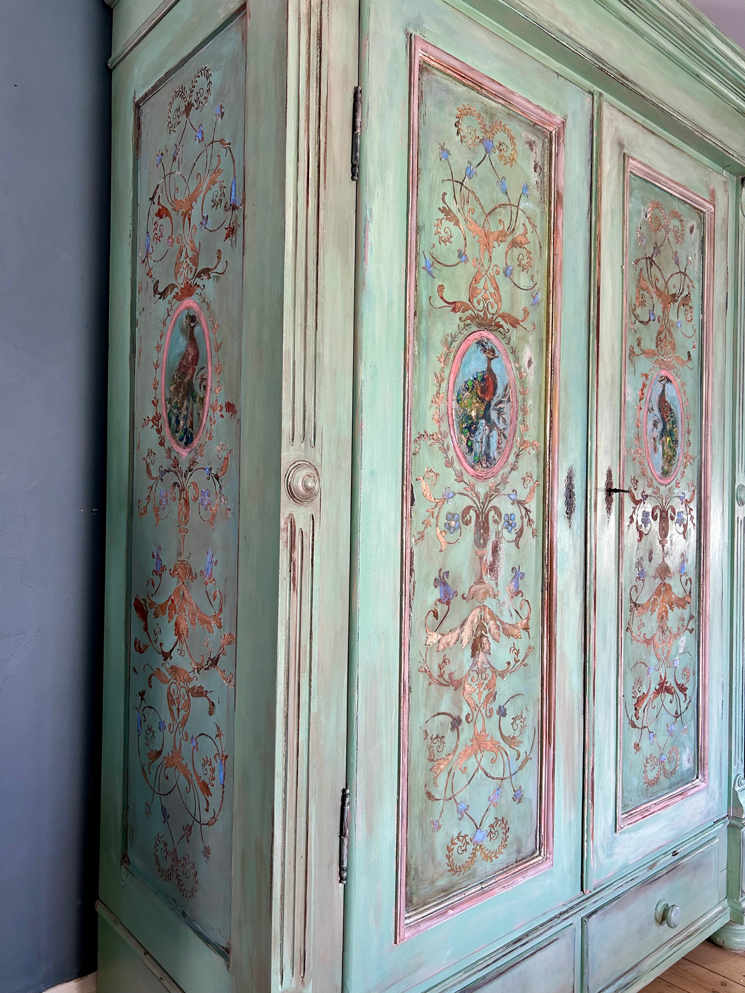 Vintage Painted Pine Double Wardrobe with Inlaid Versailles Style Panels