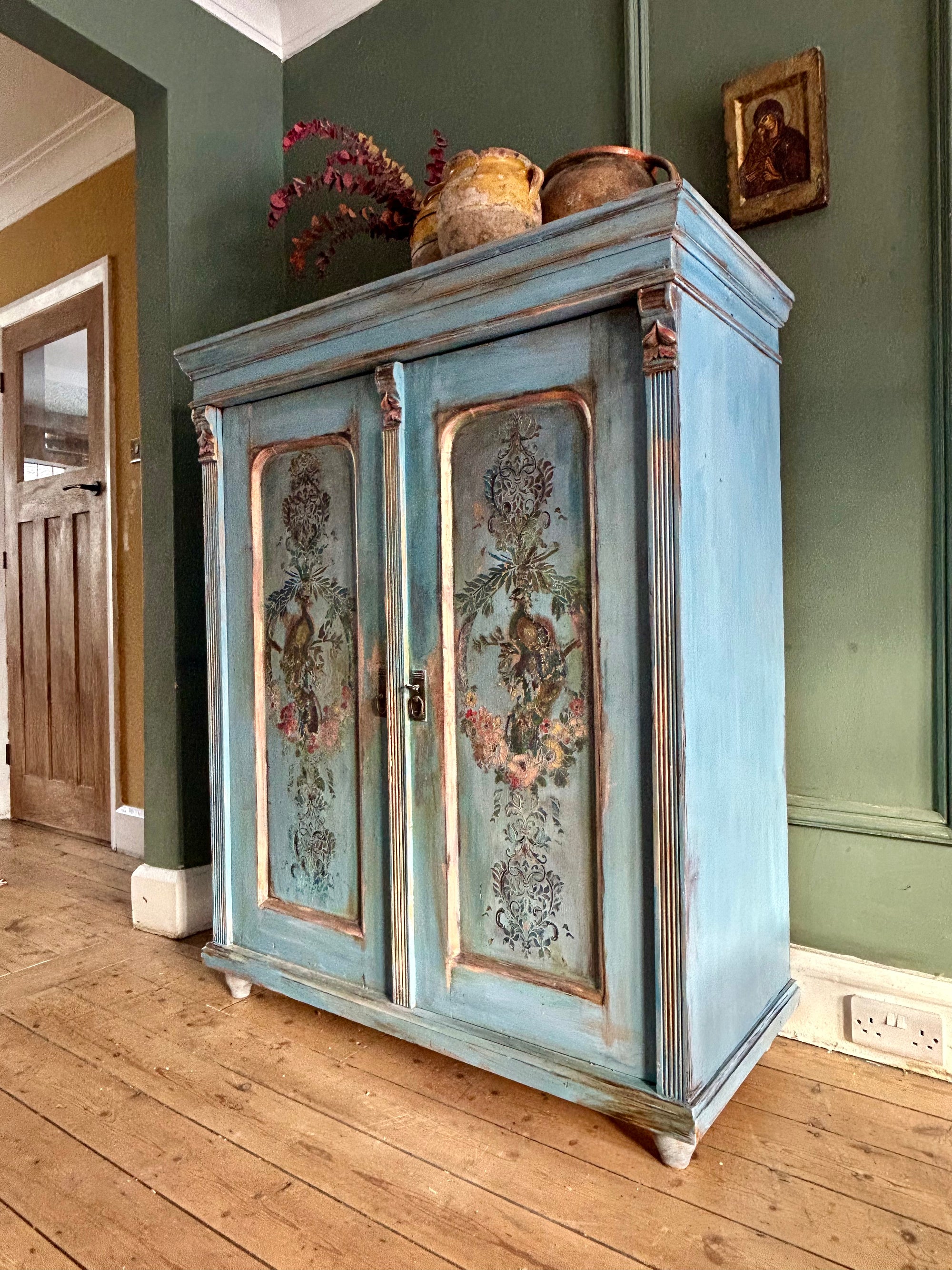 Vintage French Linen Press with Inlaid Chinoiserie Panels