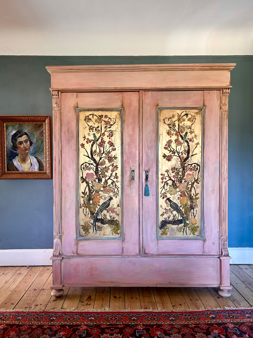 Vintage Painted Pine Wardrobe with Inlaid Chinoiserie