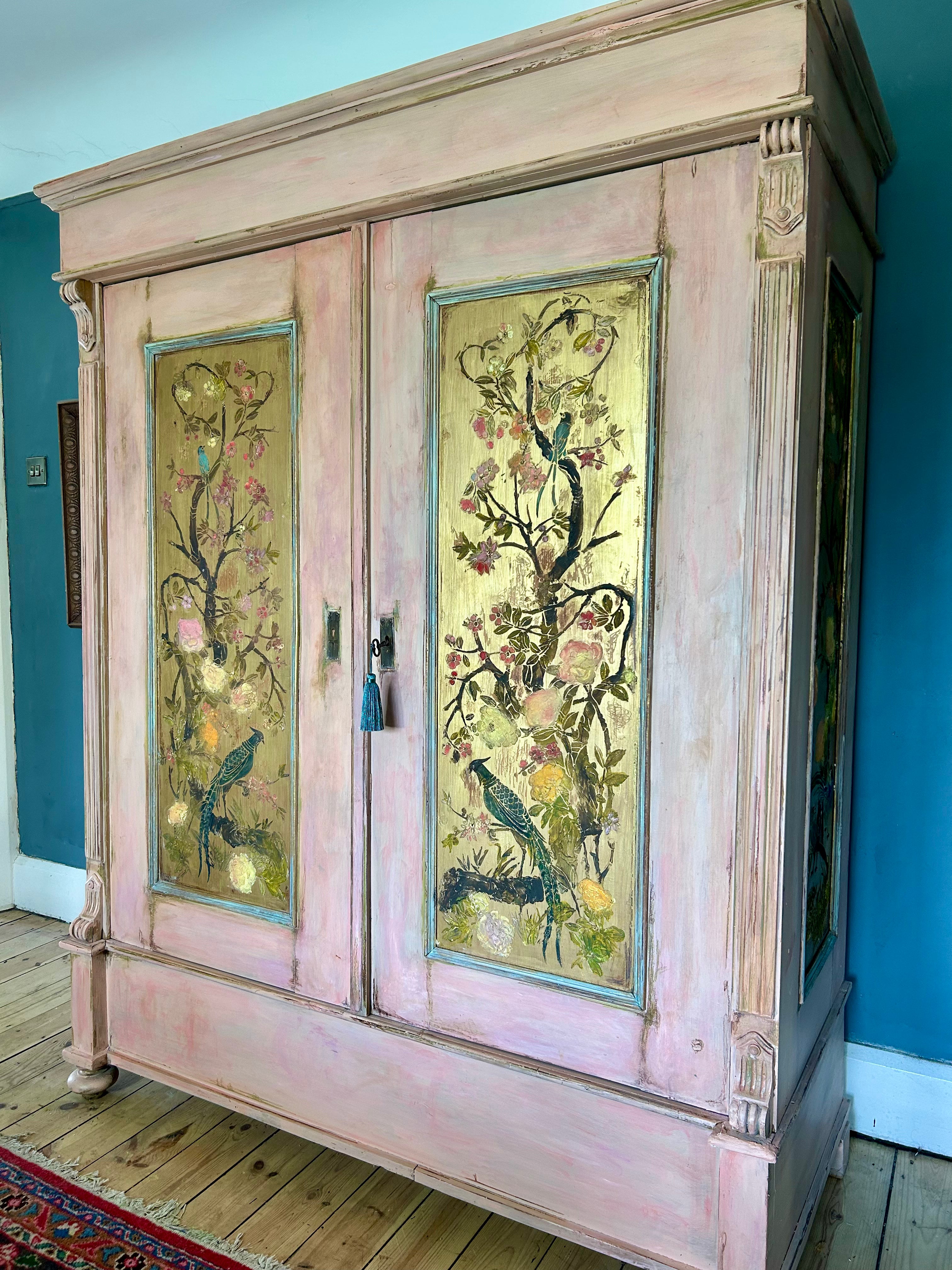 Vintage Painted Pine Wardrobe with Inlaid Chinoiserie