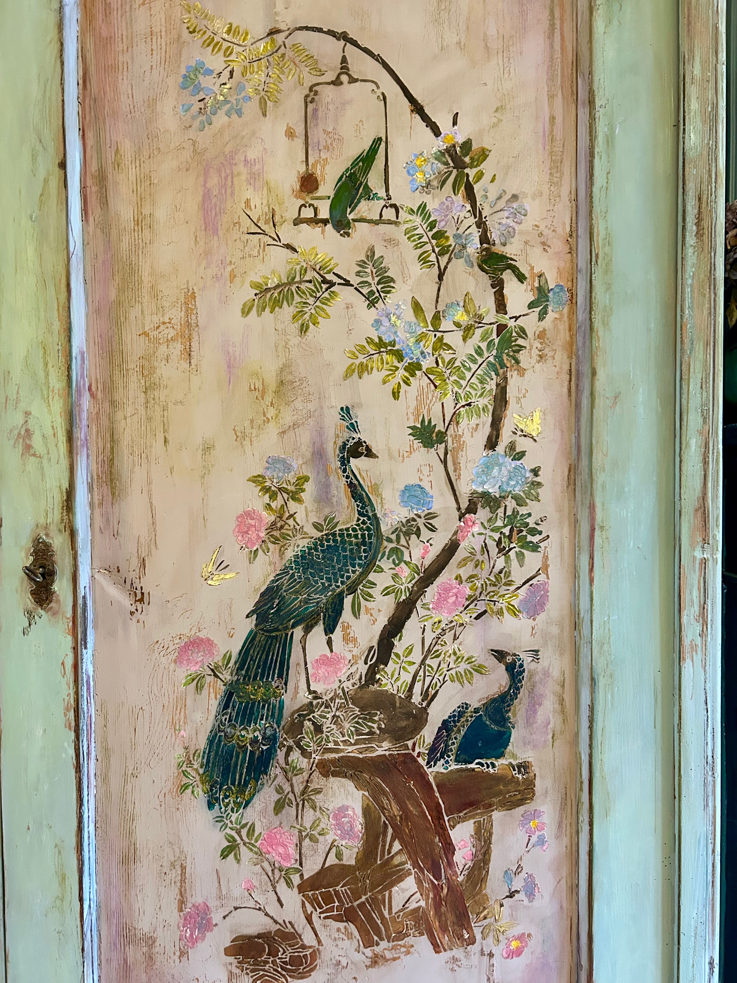 Vintage Painted Pine Linen Press/ Armoire with Inlaid Chinoiserie