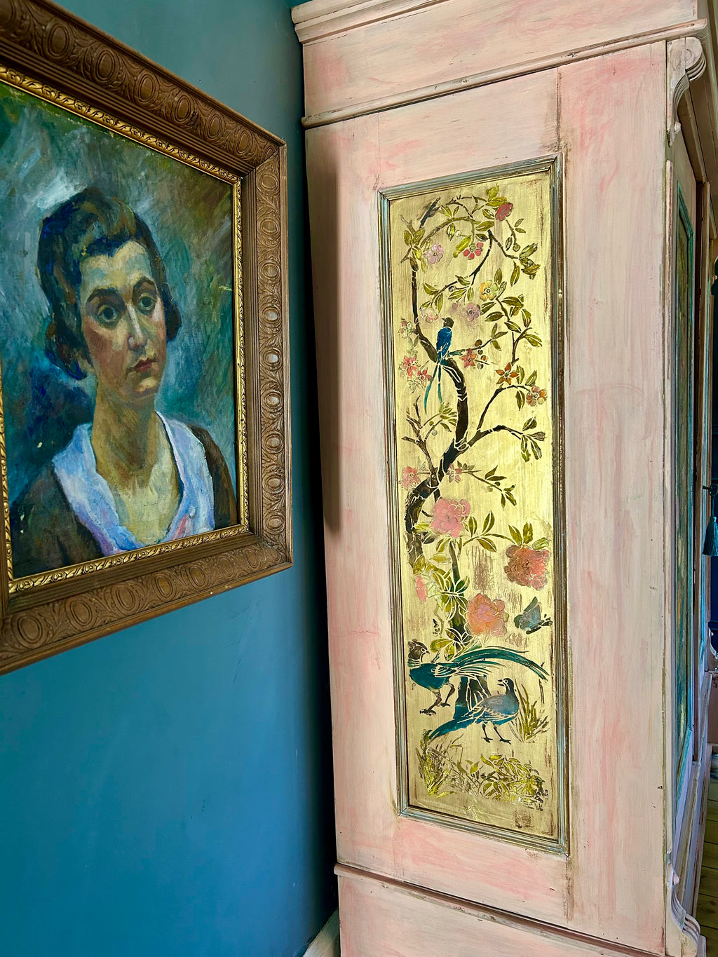 Vintage Painted Pine Wardrobe with Inlaid Chinoiserie