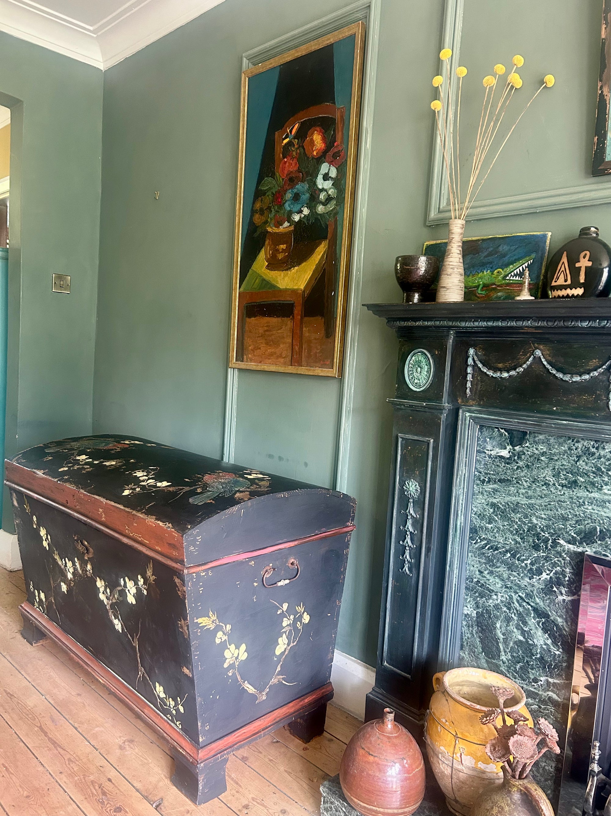 Vintage Painted Large Blanket Box /Chest with Inlaid Chinoiserie
