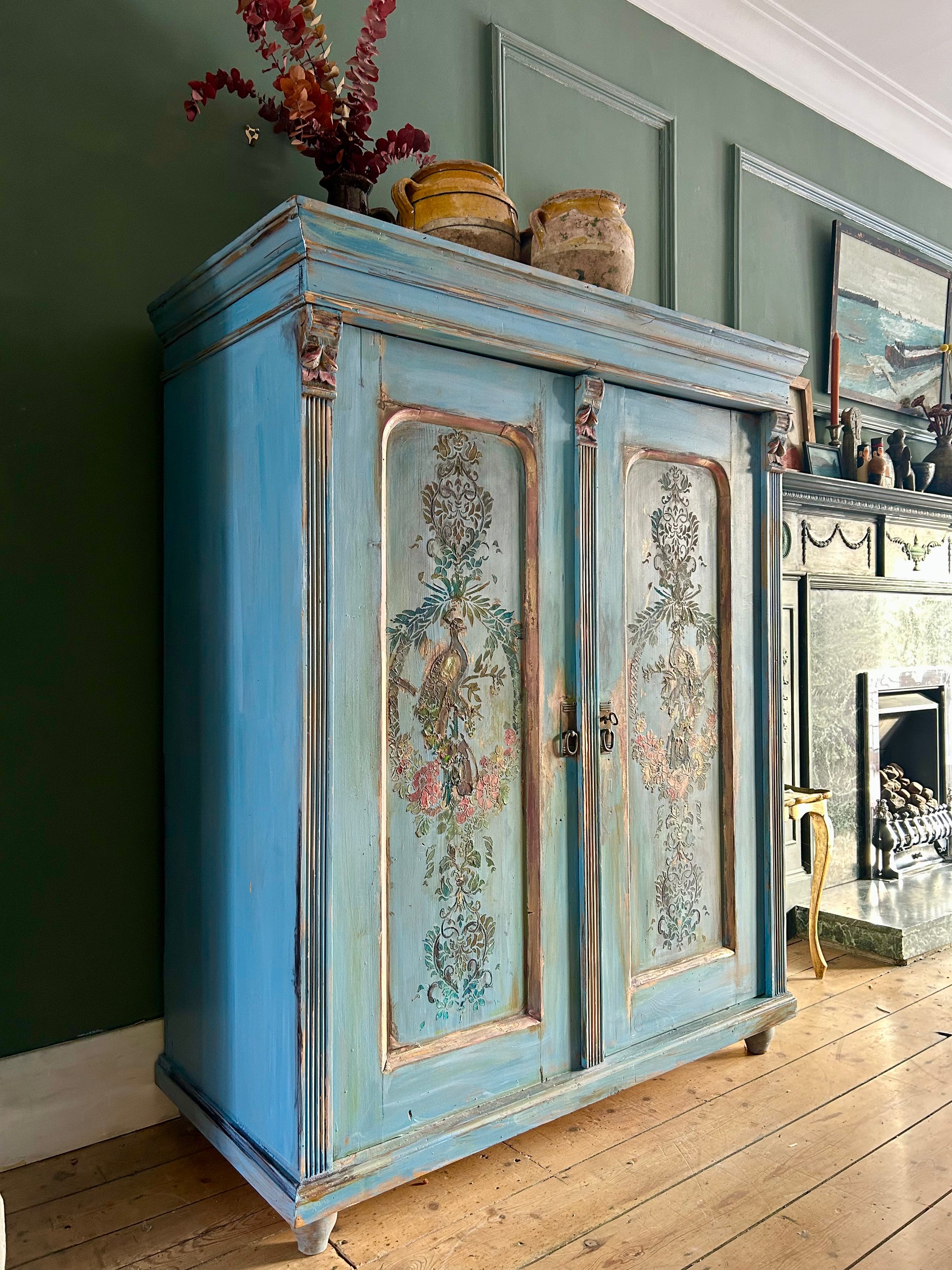 Vintage French Linen Press with Inlaid Chinoiserie Panels