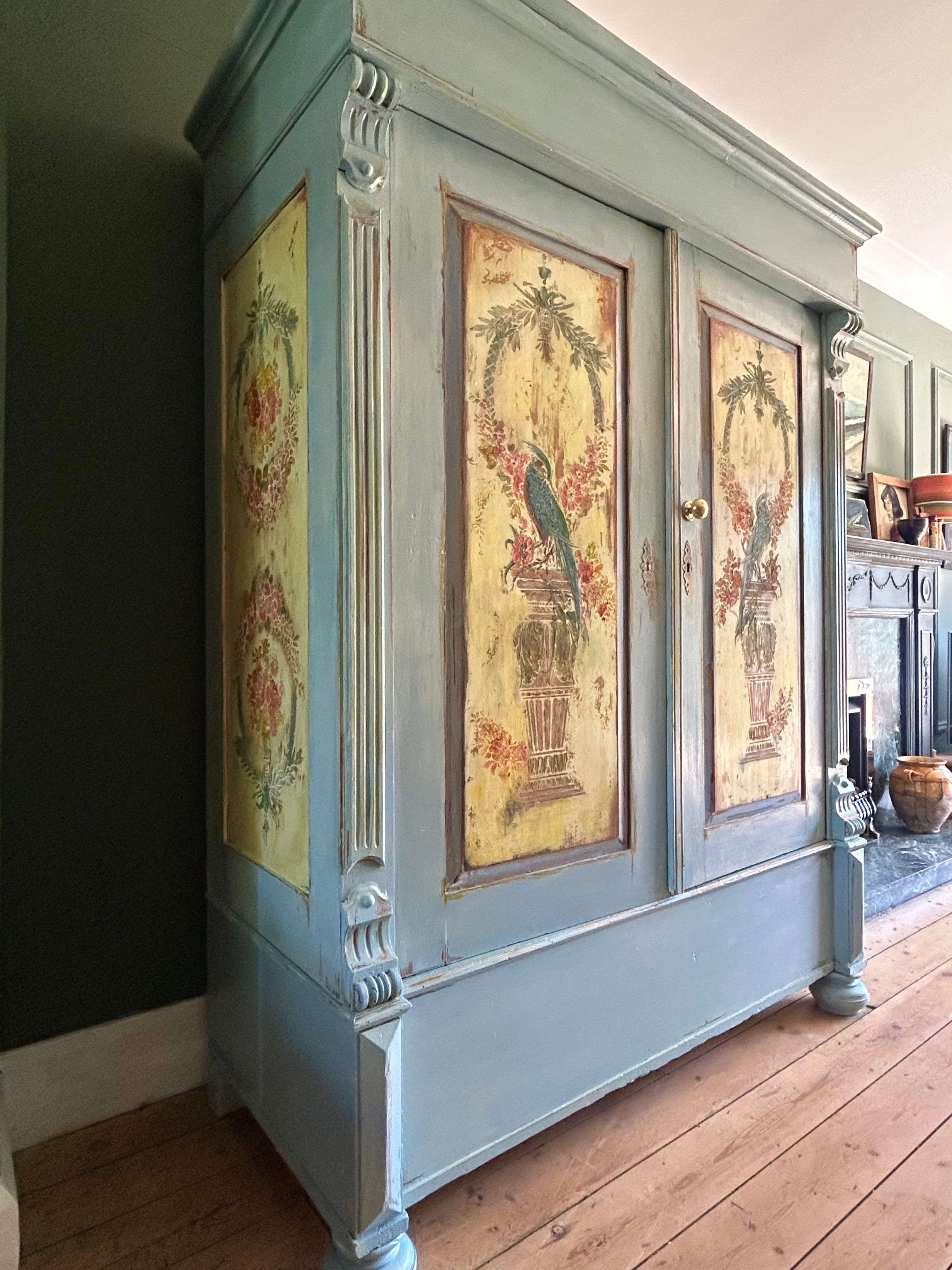 Vintage Painted Pine Wardrobe with Inlaid Chinoiserie