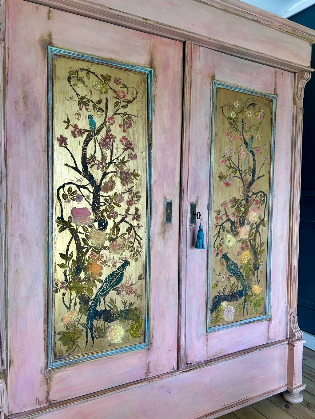 Vintage Painted Pine Wardrobe with Inlaid Chinoiserie