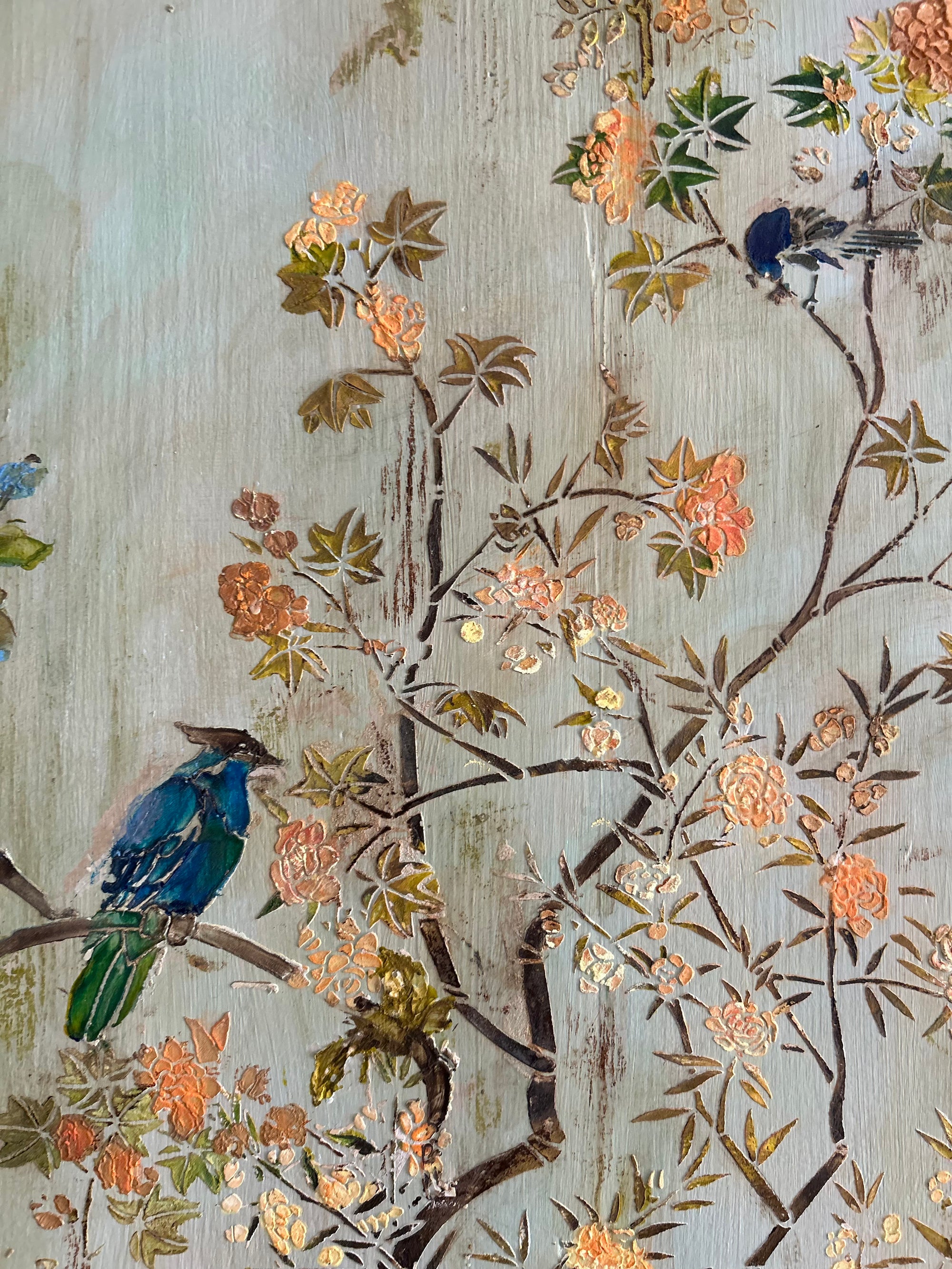 Vintage Painted Linen Press/Armoire with Inlaid Chinoiserie