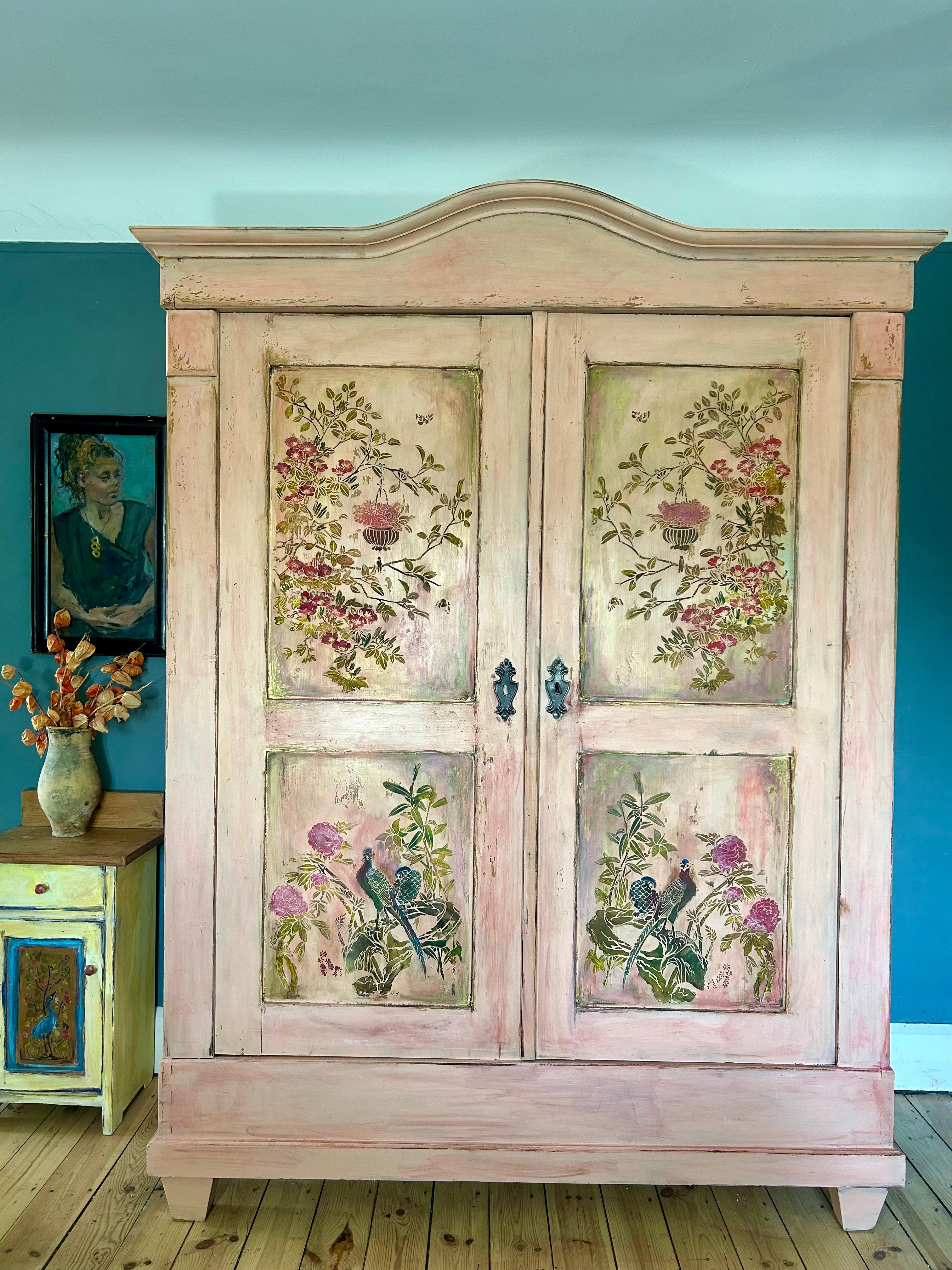 Vintage Painted Pine Double Wardrobe with Inlaid Chinoiserie