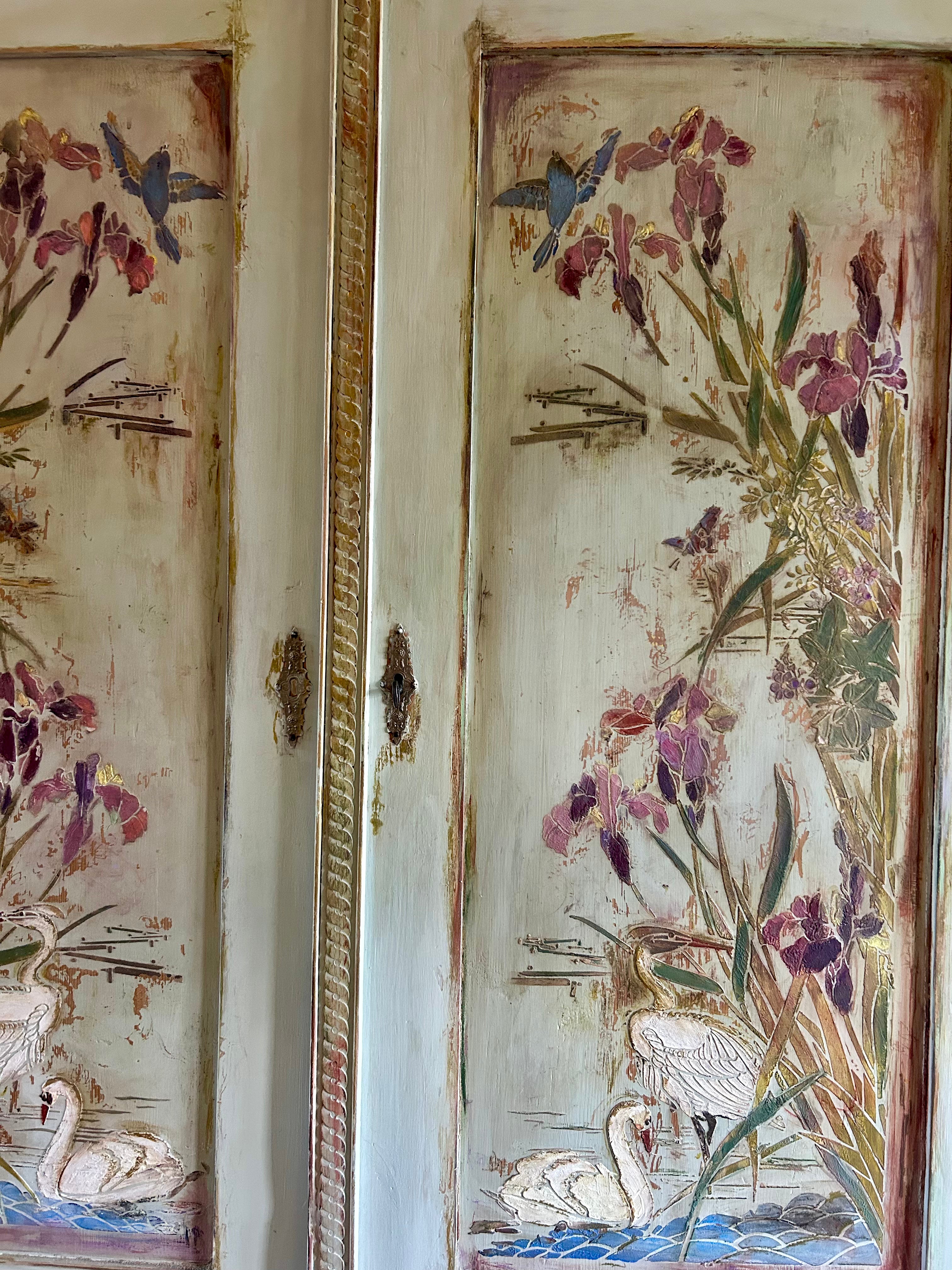 Antique Painted Pine Large Wardrobe with Chinoiserie