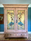 Vintage Painted Pine Double Wardrobe with Inlaid Chinoiserie Panels