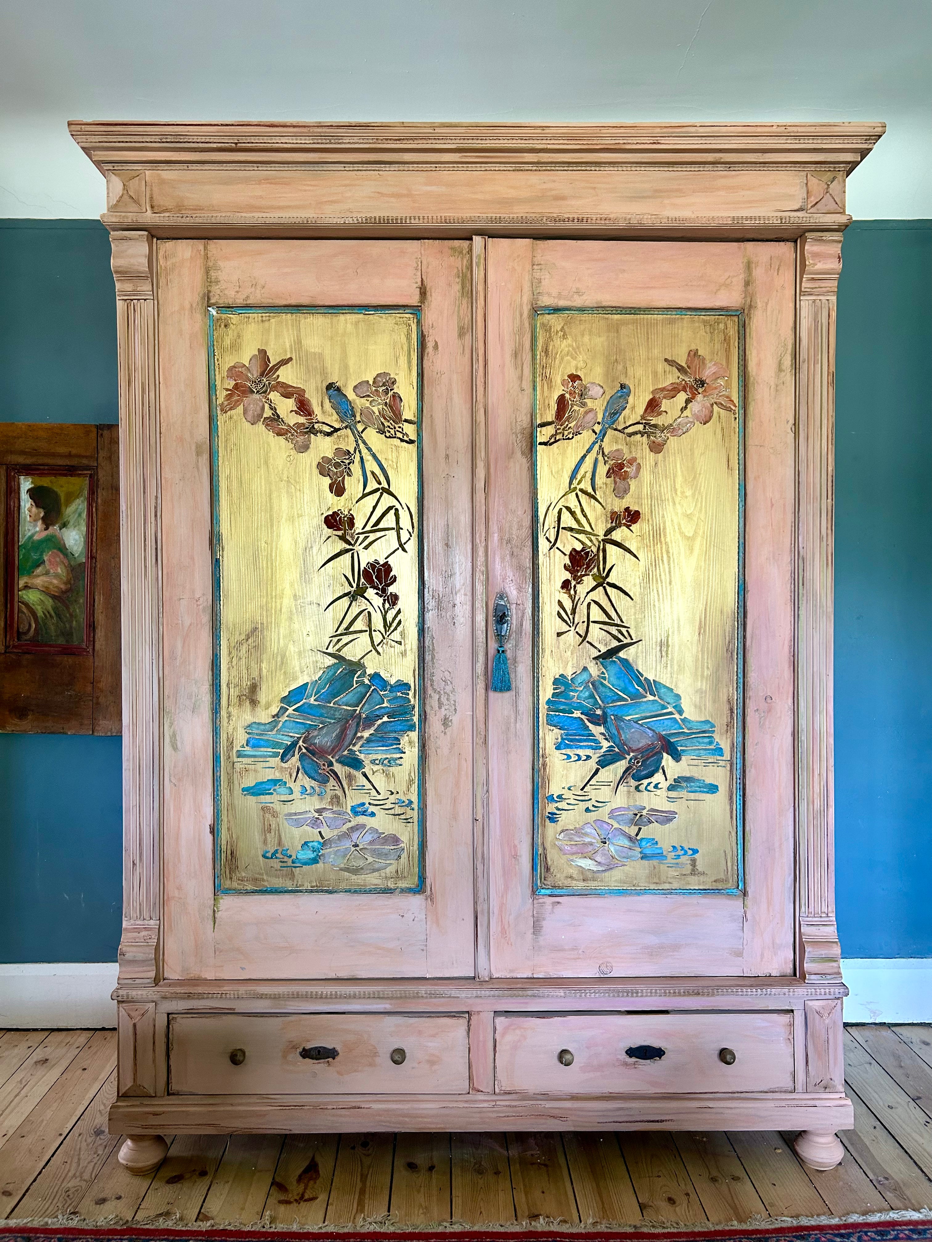 Vintage Painted Pine Double Wardrobe with Inlaid Chinoiserie Panels