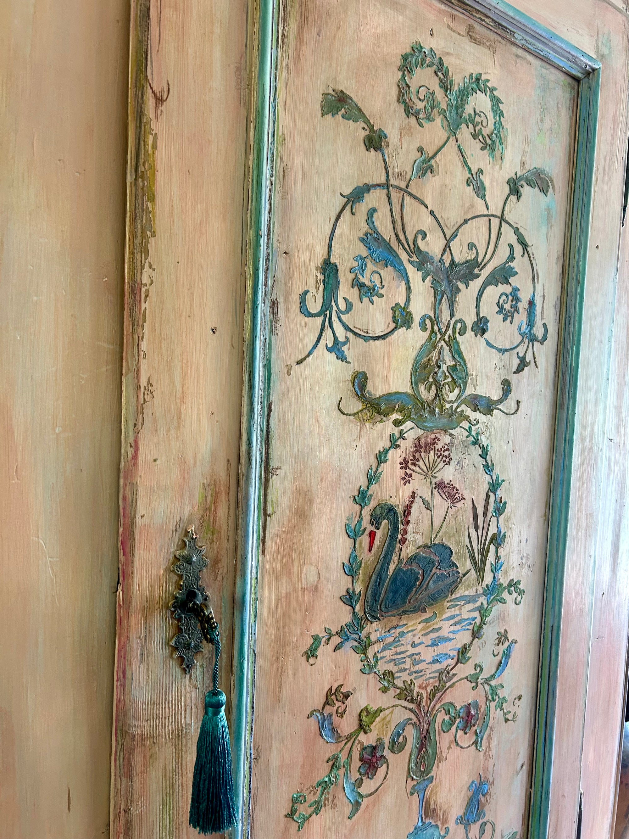 Vintage Painted Pine Armoire with Inlaid Back Swan Chinoiserie