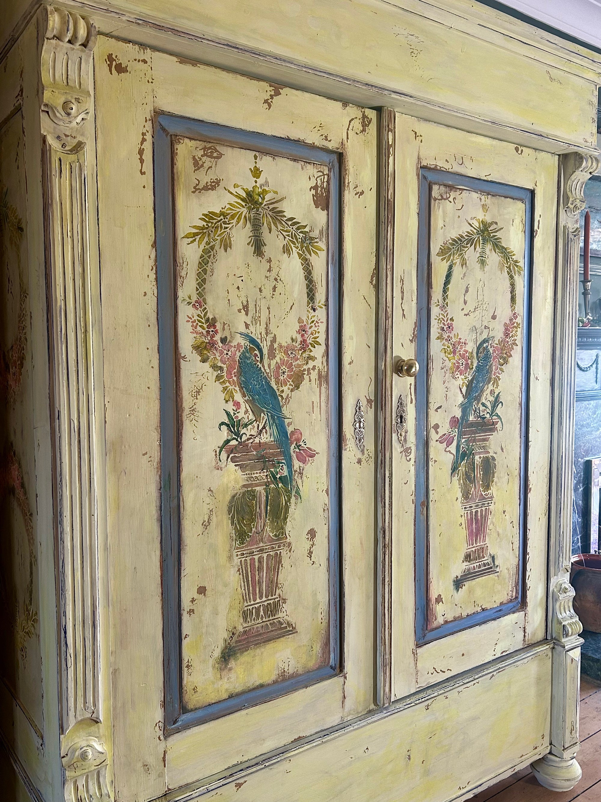 Vintage Painted Pine Double Wardrobe with Inlaid Chinoiserie