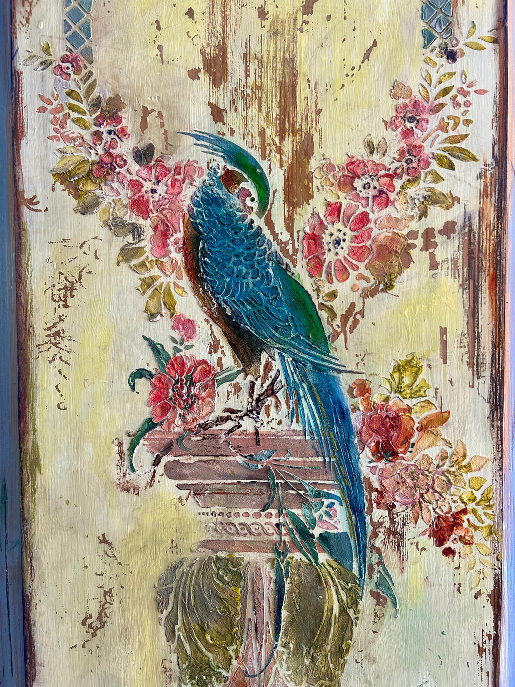 Vintage Painted Pine Wardrobe with Inlaid Chinoiserie