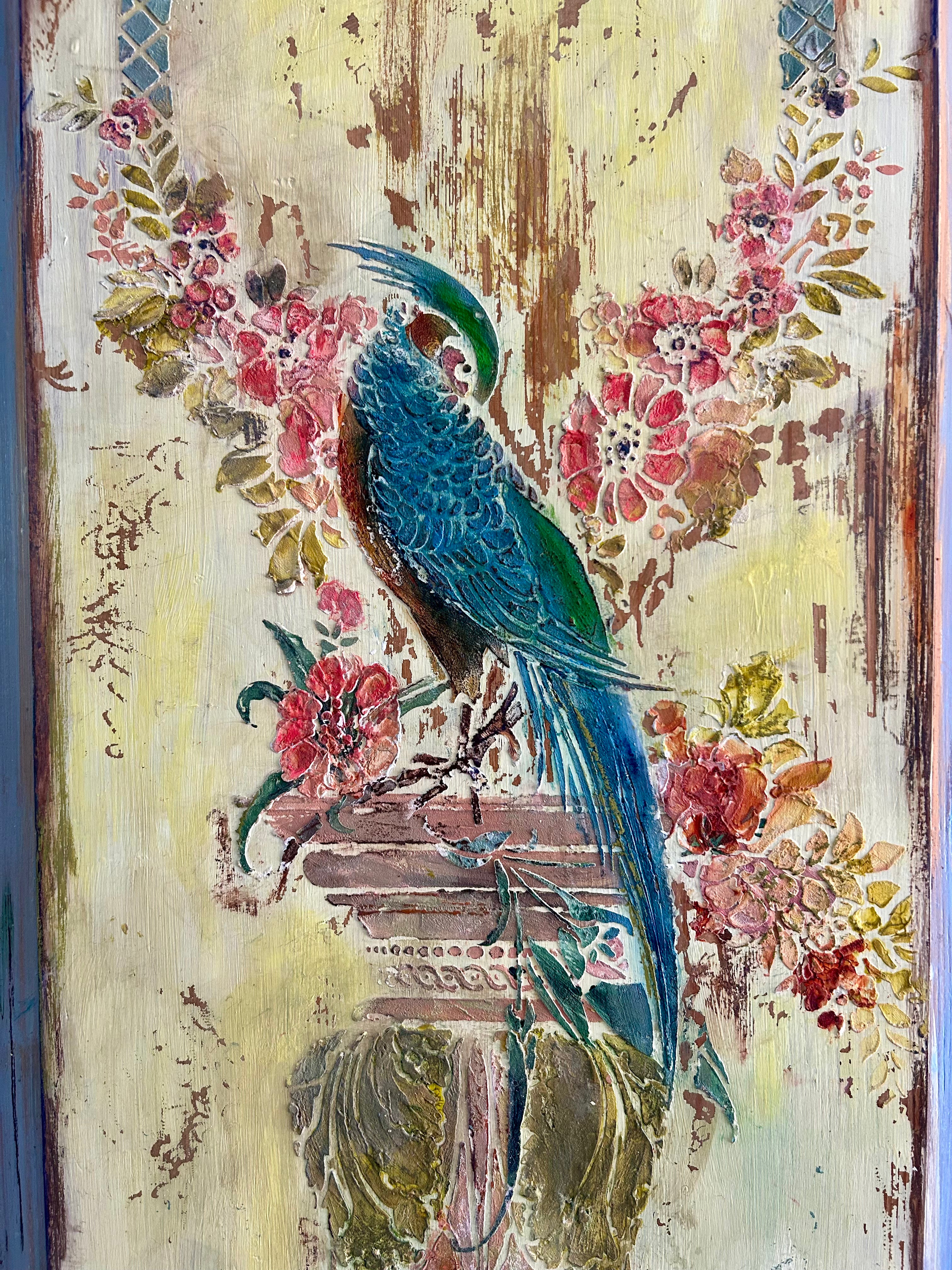 Vintage Painted Pine Wardrobe with Inlaid Chinoiserie