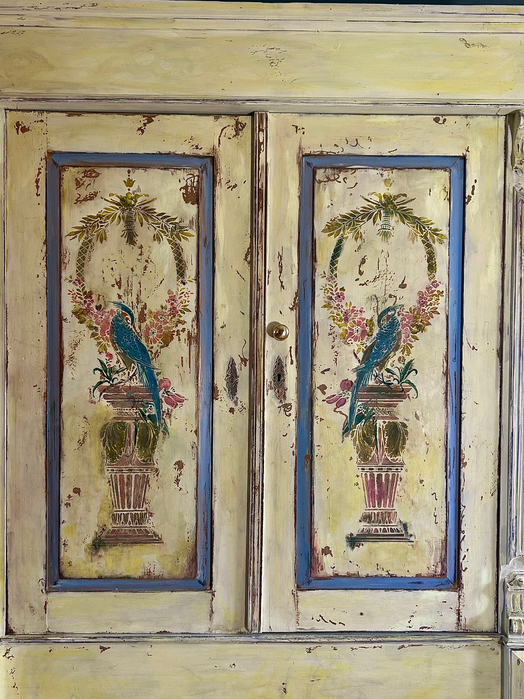 Vintage Painted Pine Double Wardrobe with Inlaid Chinoiserie