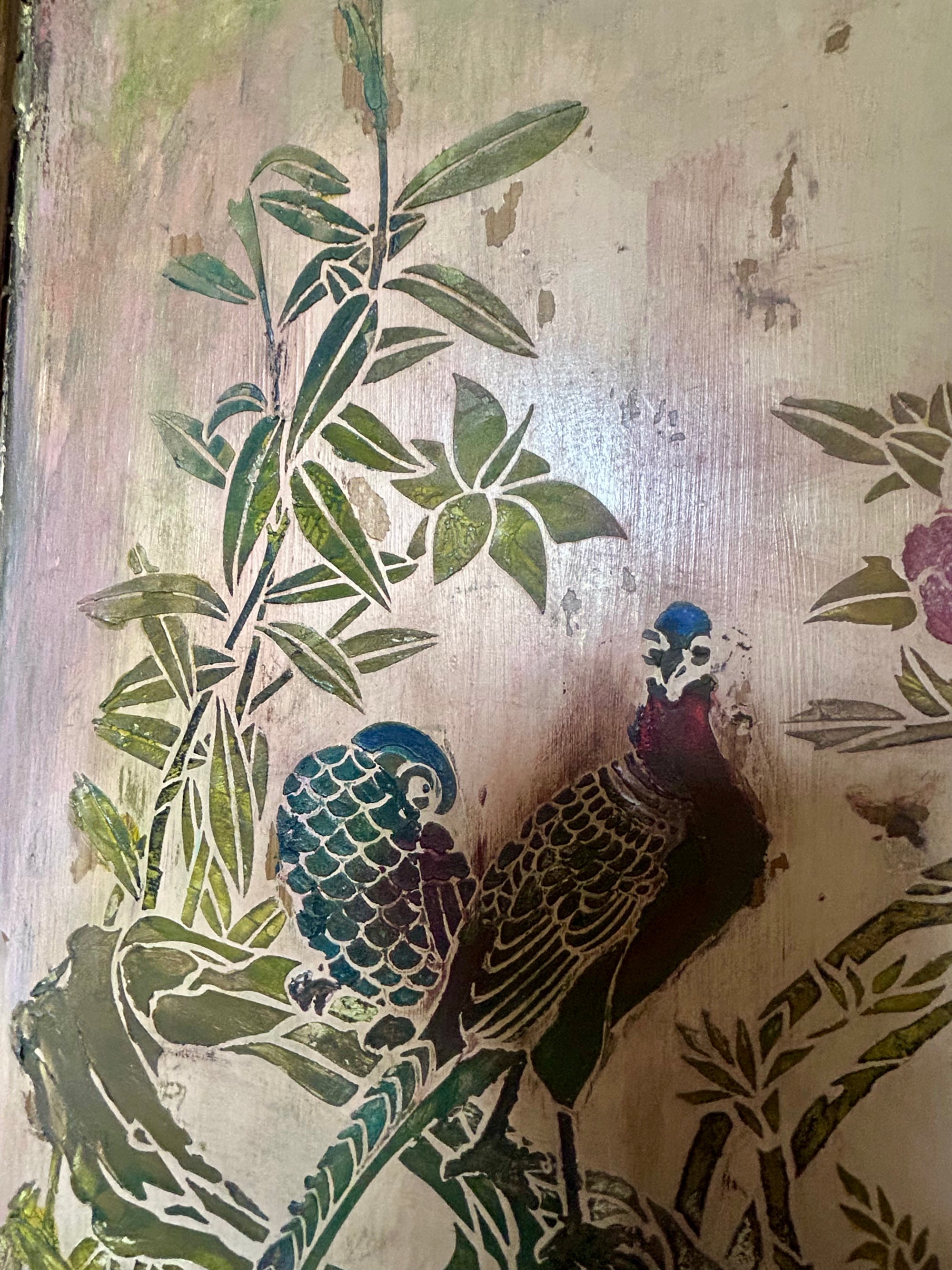 Vintage Painted Pine Double Wardrobe with Inlaid Chinoiserie