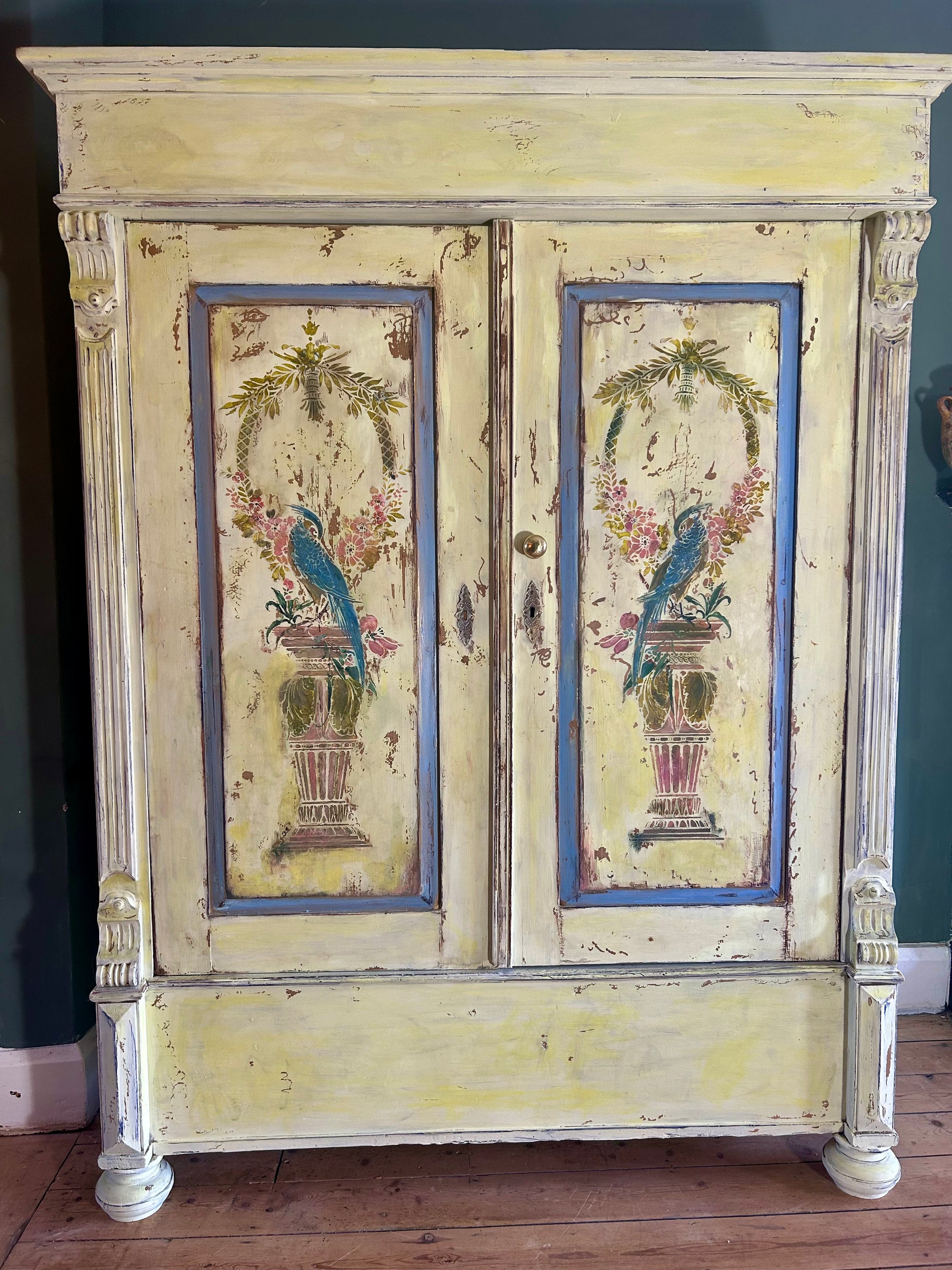 Vintage Painted Pine Double Wardrobe with Inlaid Chinoiserie