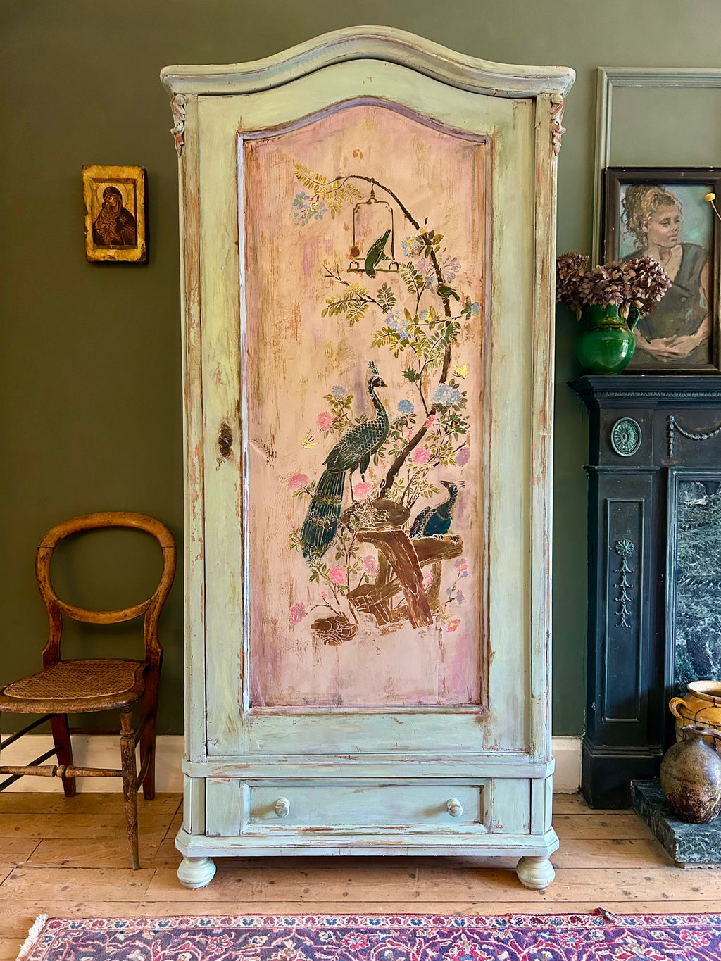 Vintage Painted Pine Linen Press/ Armoire with Inlaid Chinoiserie