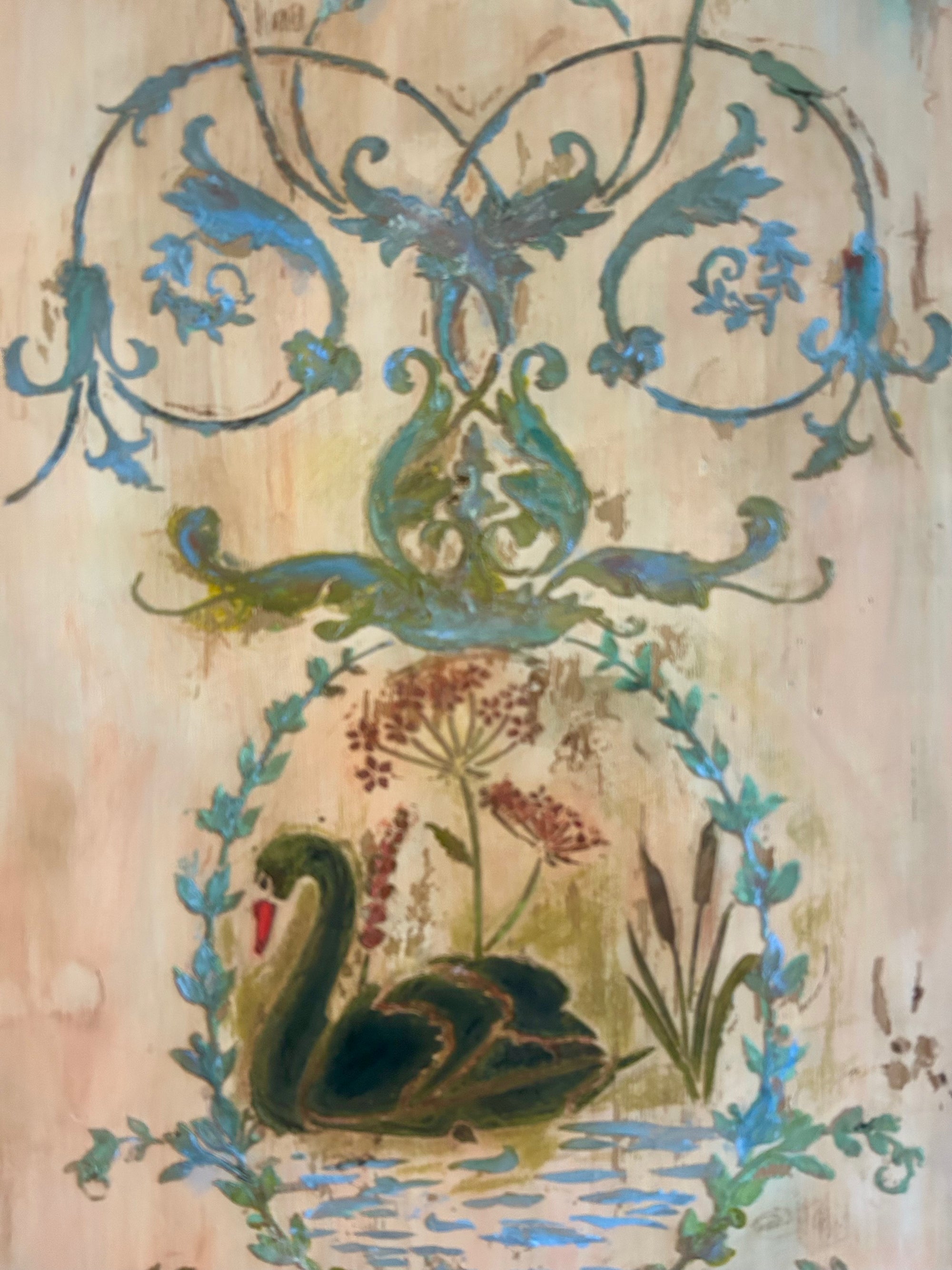 Vintage Painted Pine Armoire with Inlaid Back Swan Chinoiserie
