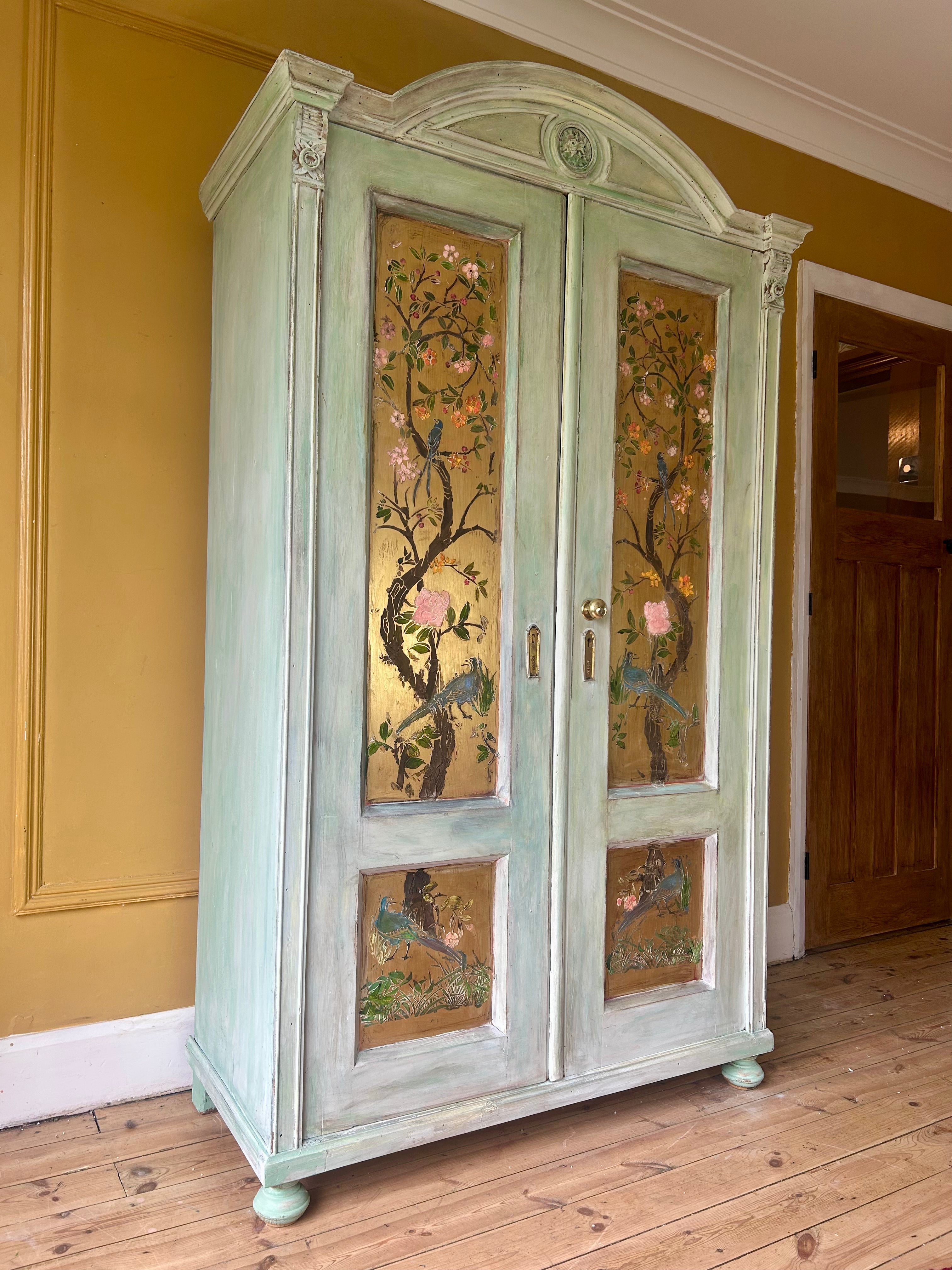 Vintage Painted Pine Wardrobe/Armoire with Inlaid Chinoiserie Panels