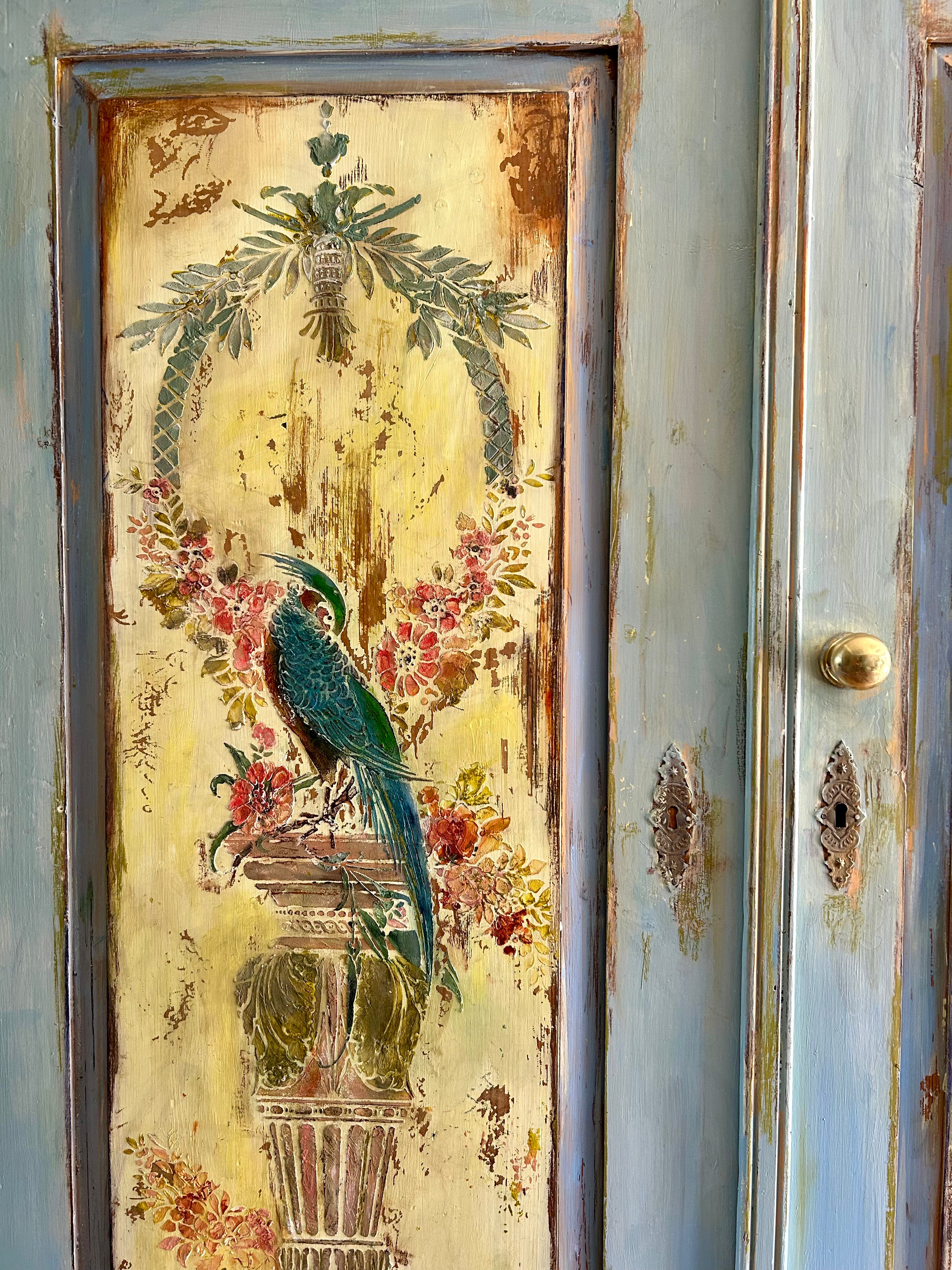 Vintage Painted Pine Wardrobe with Inlaid Chinoiserie