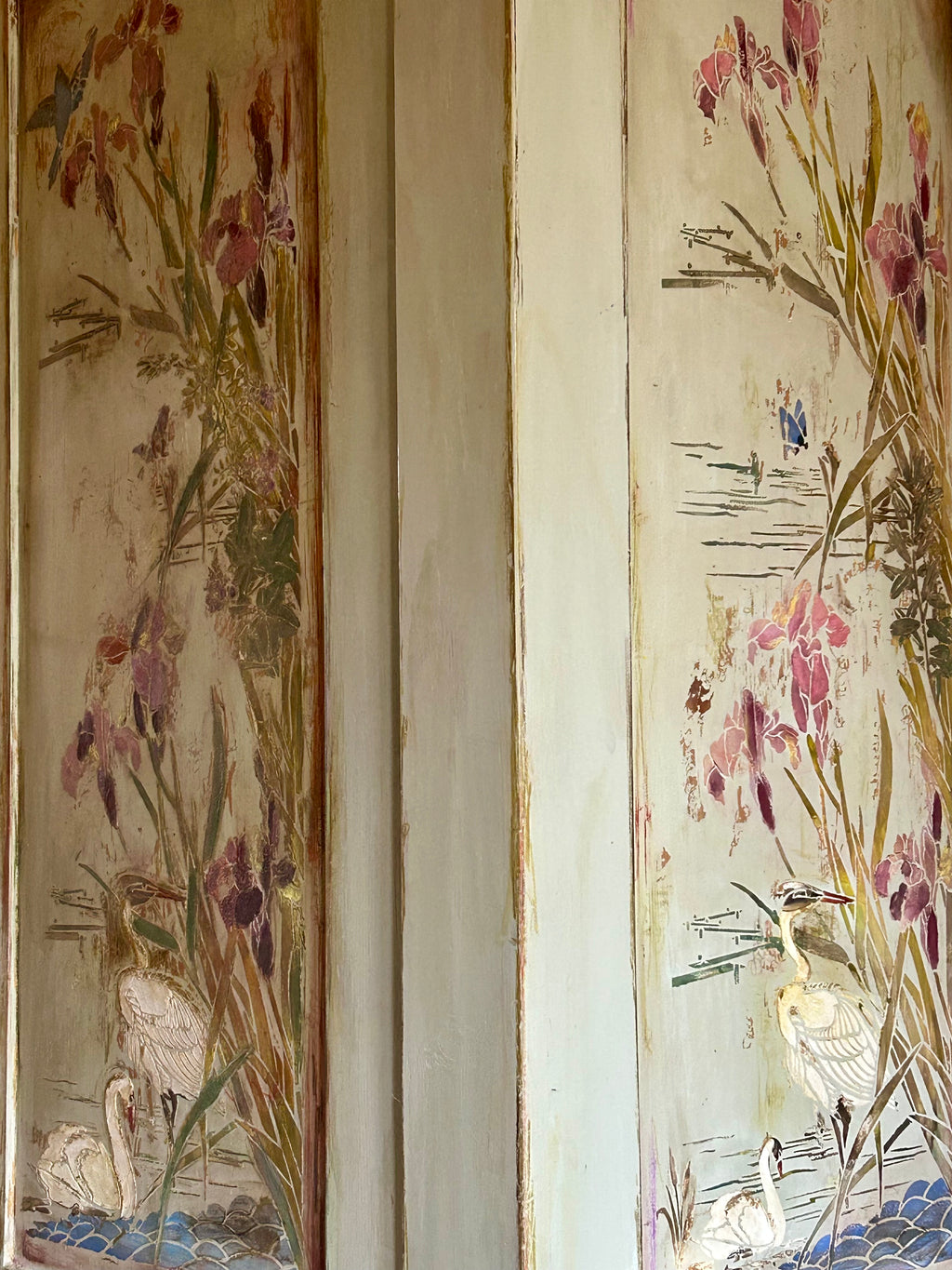 Antique Painted Pine Large Wardrobe with Chinoiserie