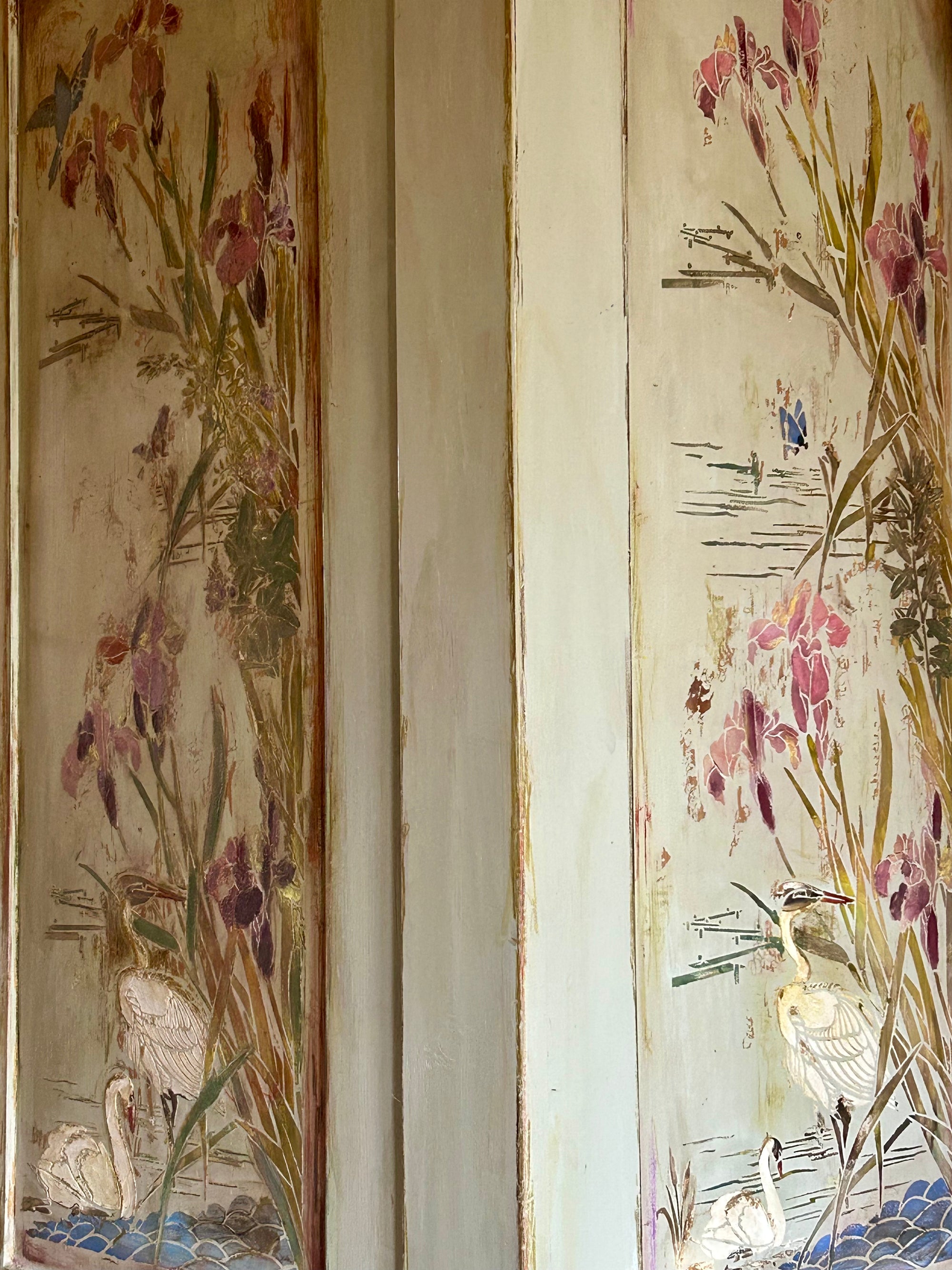 Antique Painted Pine Large Wardrobe with Chinoiserie