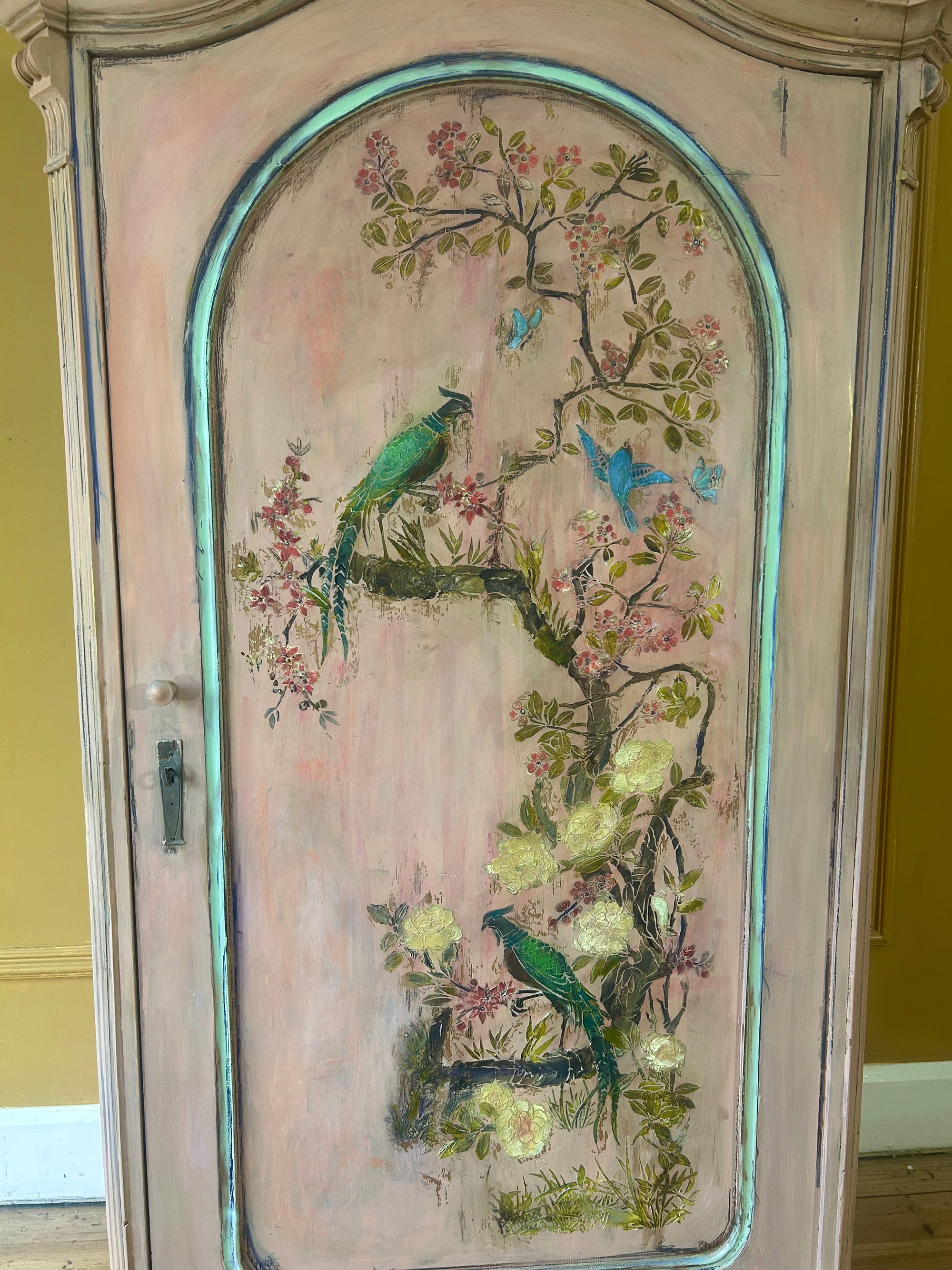 Vintage Painted Pine Armoire with Inlaid Chinoiserie