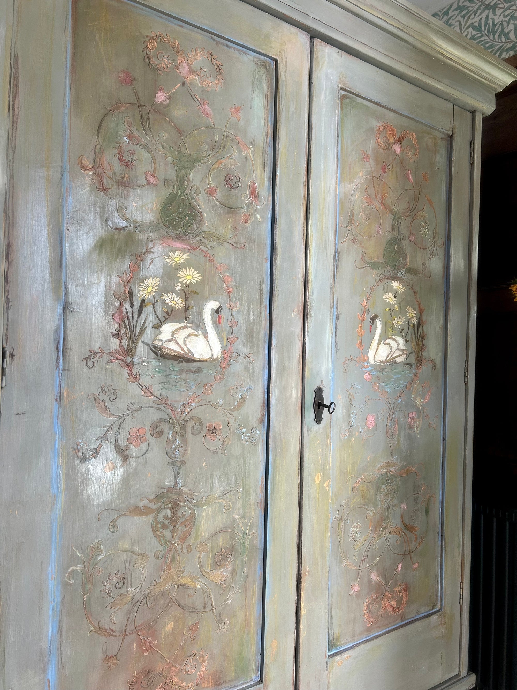 Vintage Painted Wardrobe with Swan Chinoiserie