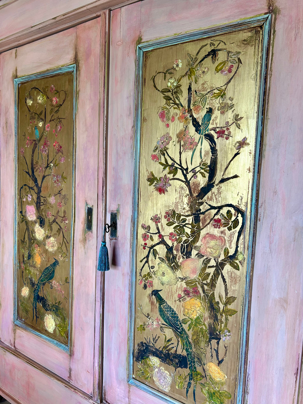 Vintage Painted Pine Wardrobe with Inlaid Chinoiserie