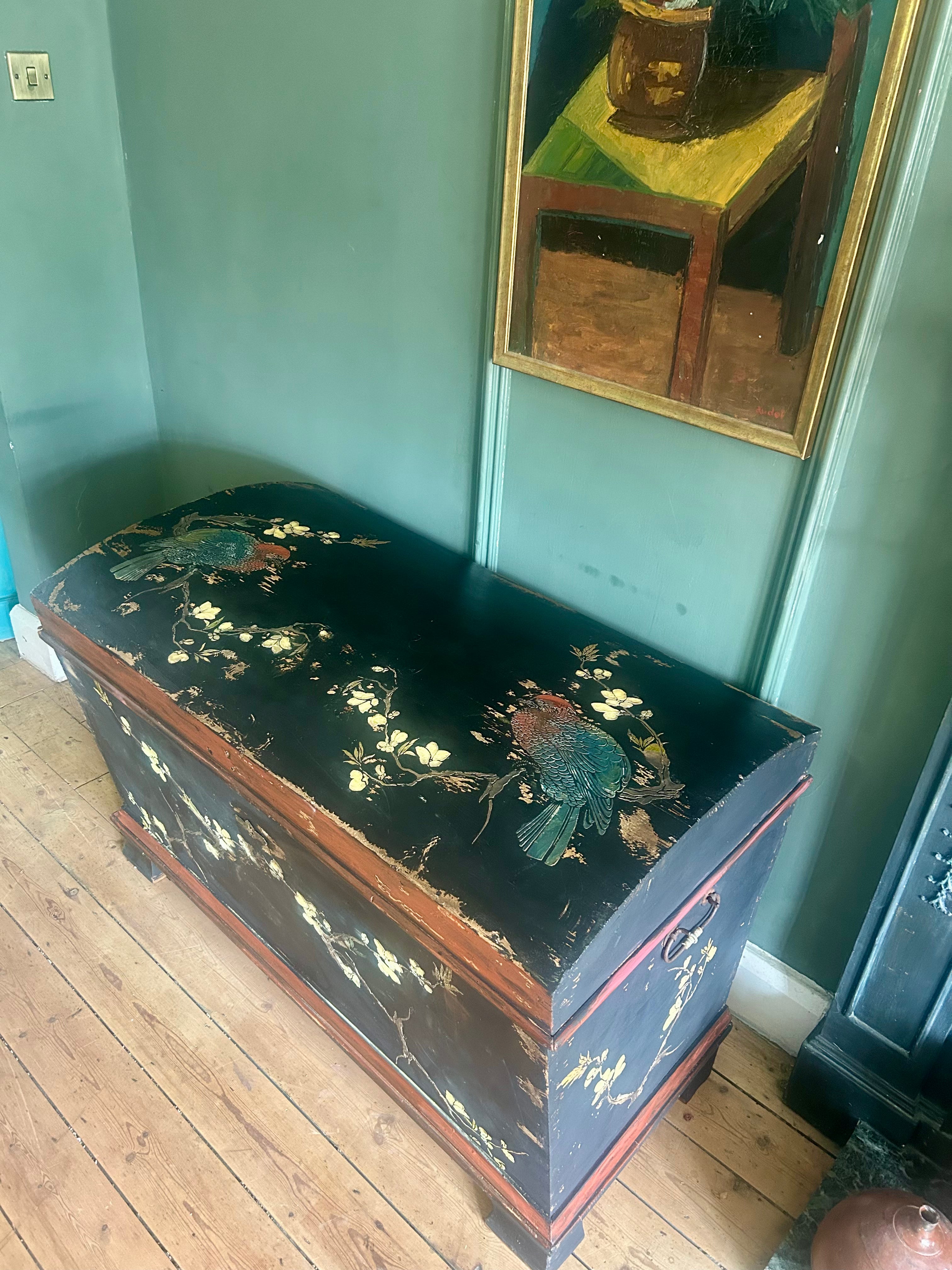 Vintage Painted Large Blanket Box /Chest with Inlaid Chinoiserie