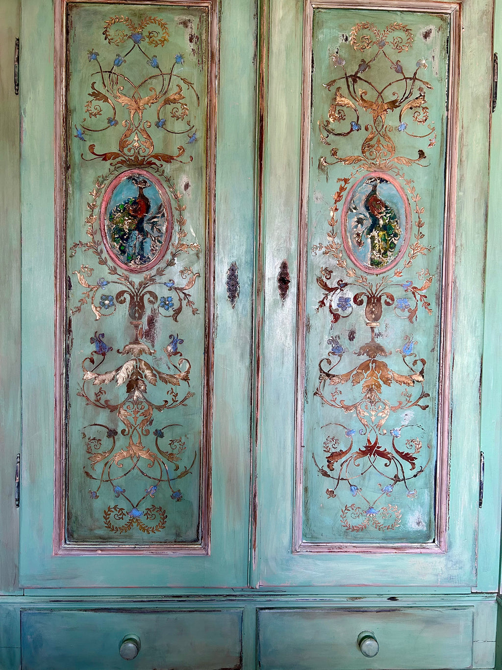 Vintage Painted Pine Double Wardrobe with Inlaid Versailles Style Panels