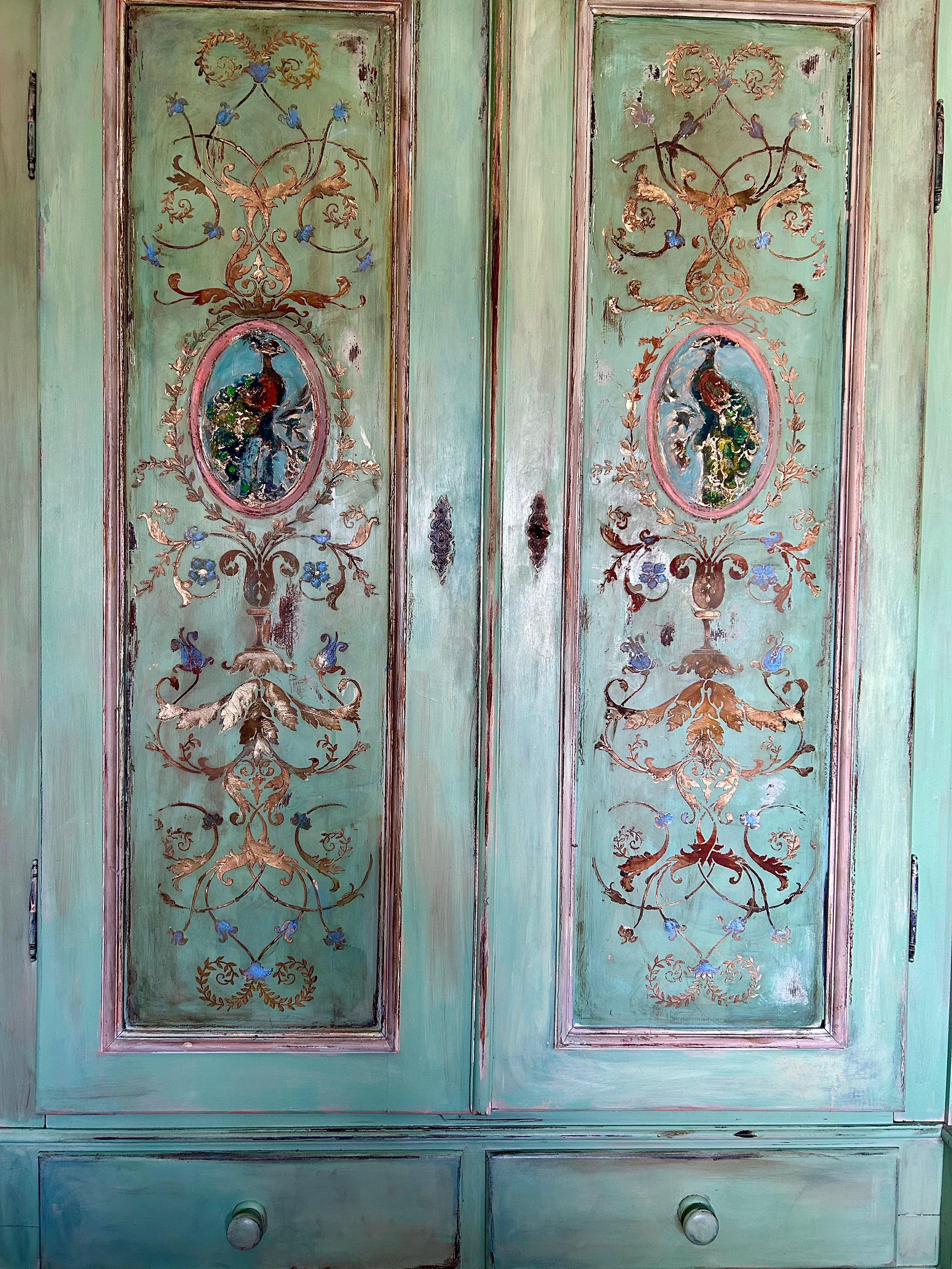 Vintage Painted Pine Double Wardrobe with Inlaid Versailles Style Panels