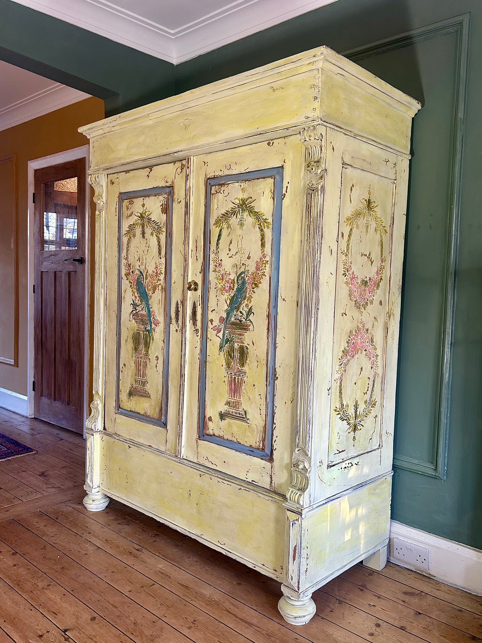 Vintage Painted Pine Double Wardrobe with Inlaid Chinoiserie