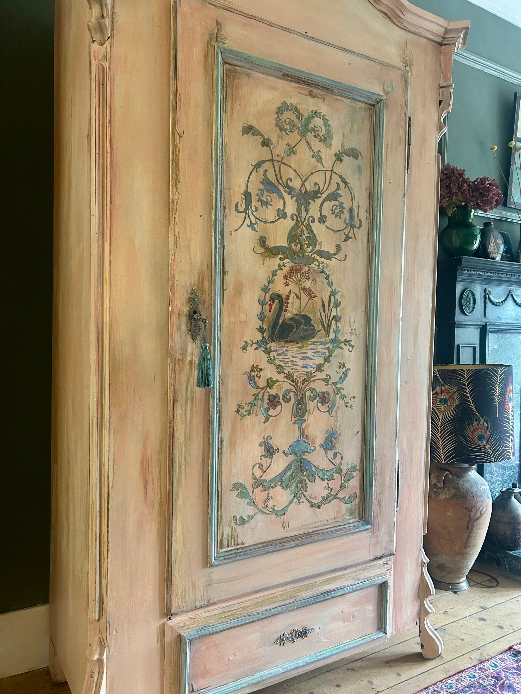 Vintage Painted Pine Armoire with Inlaid Back Swan Chinoiserie