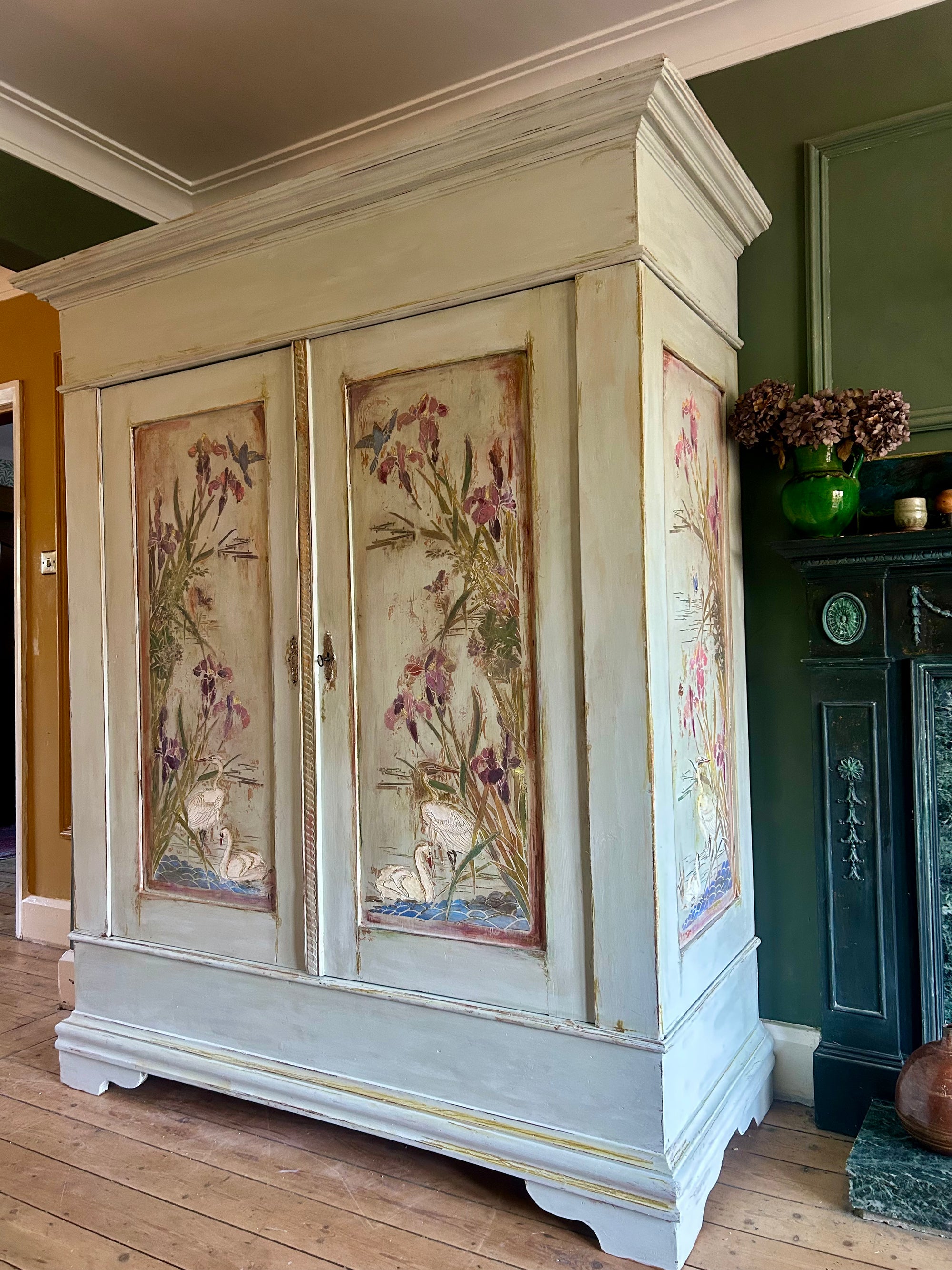 Antique Painted Pine Large Wardrobe with Chinoiserie